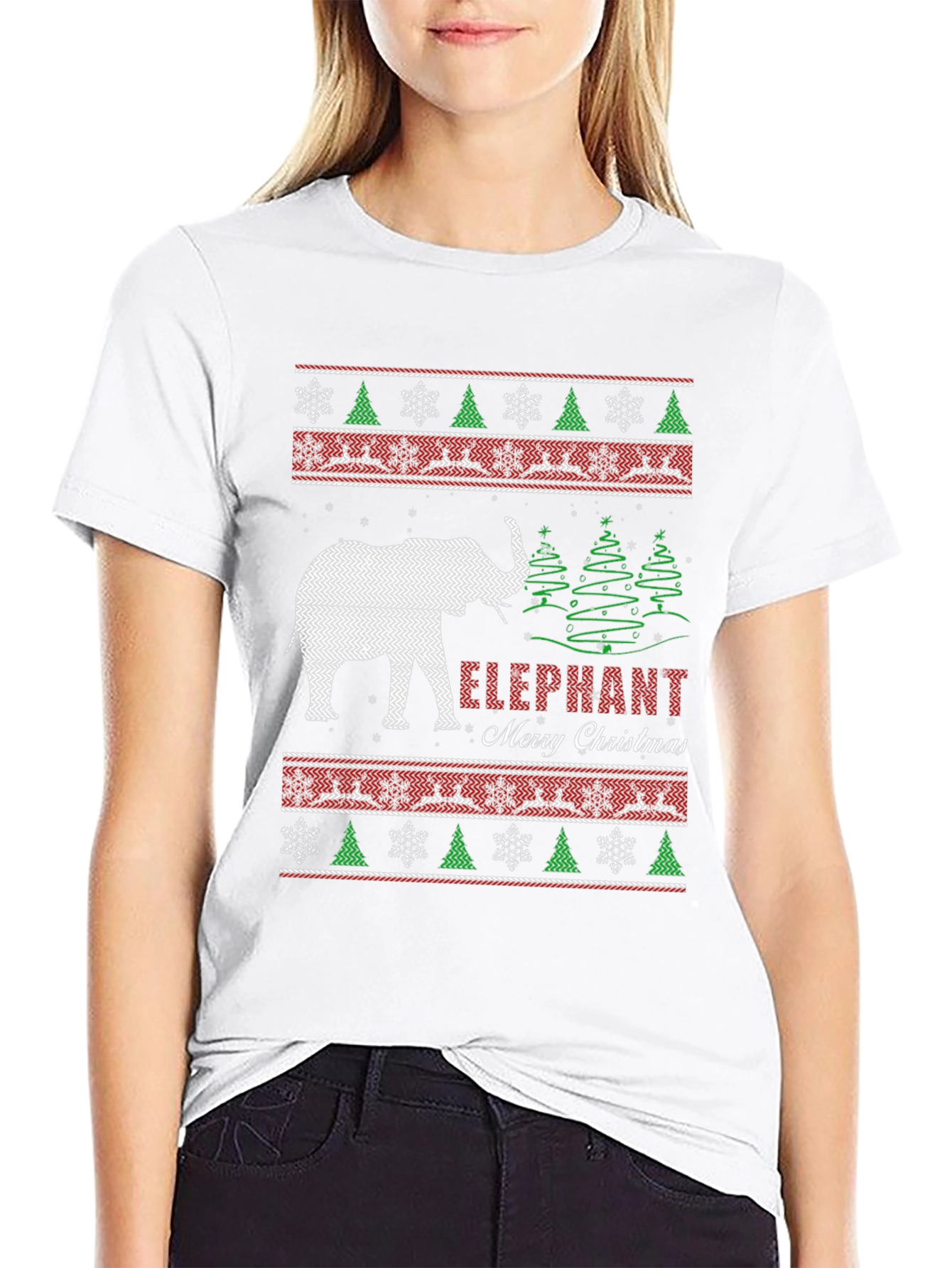 Elephant Merry Christmas Holiday Knit Pattern T-Shirt