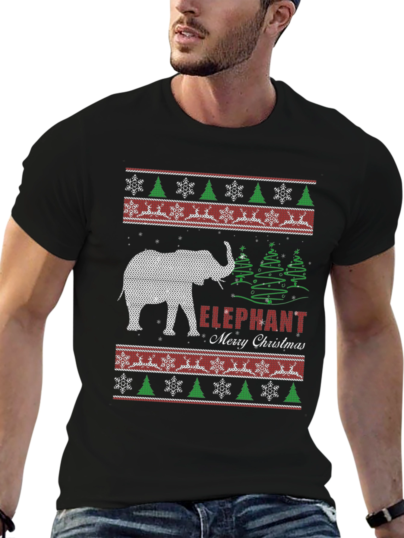 Elephant Merry Christmas Holiday Knit Pattern T-Shirt