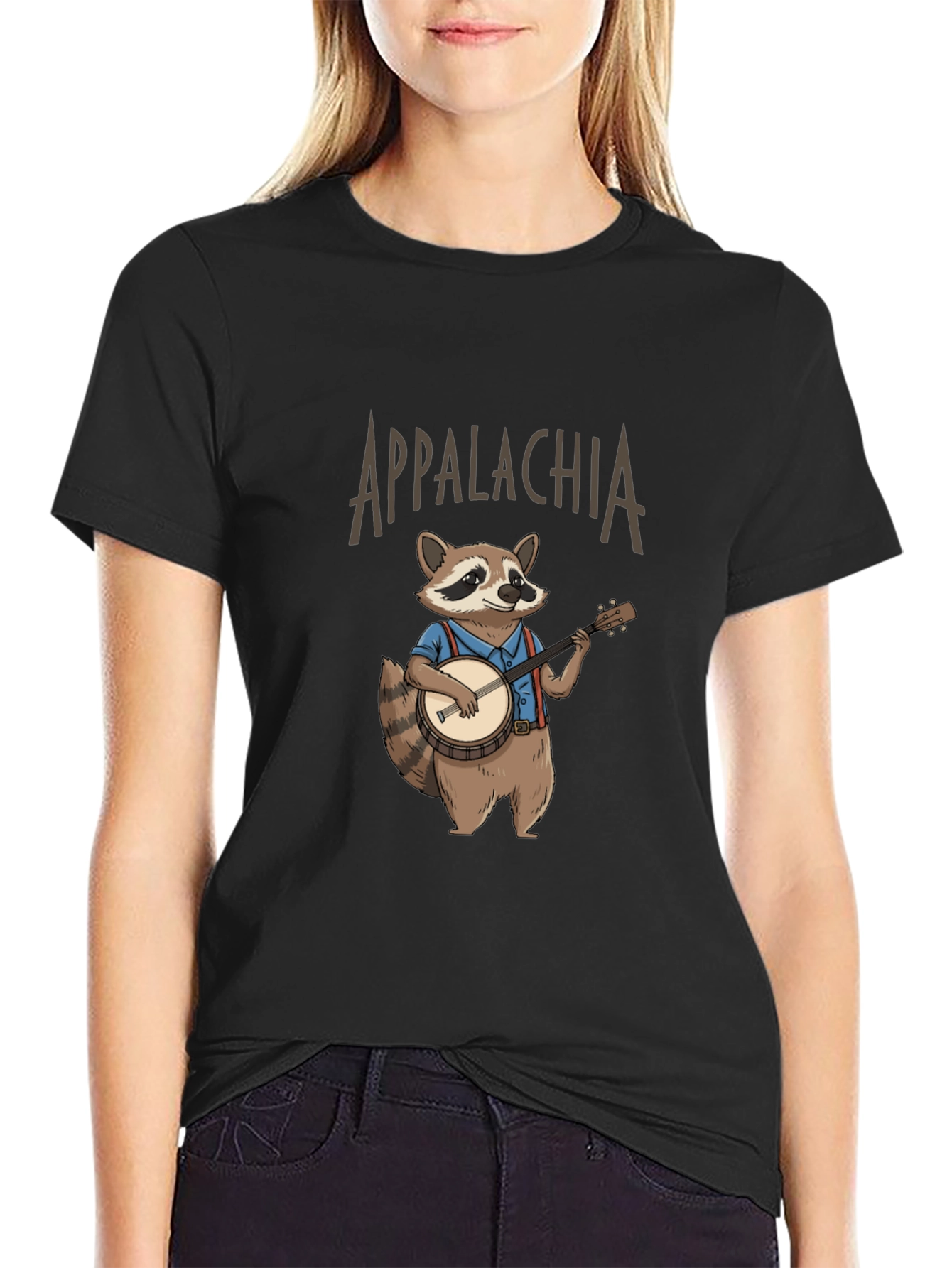 Appalachia Raccoon Banjo T-Shirt - Black Cotton Tee