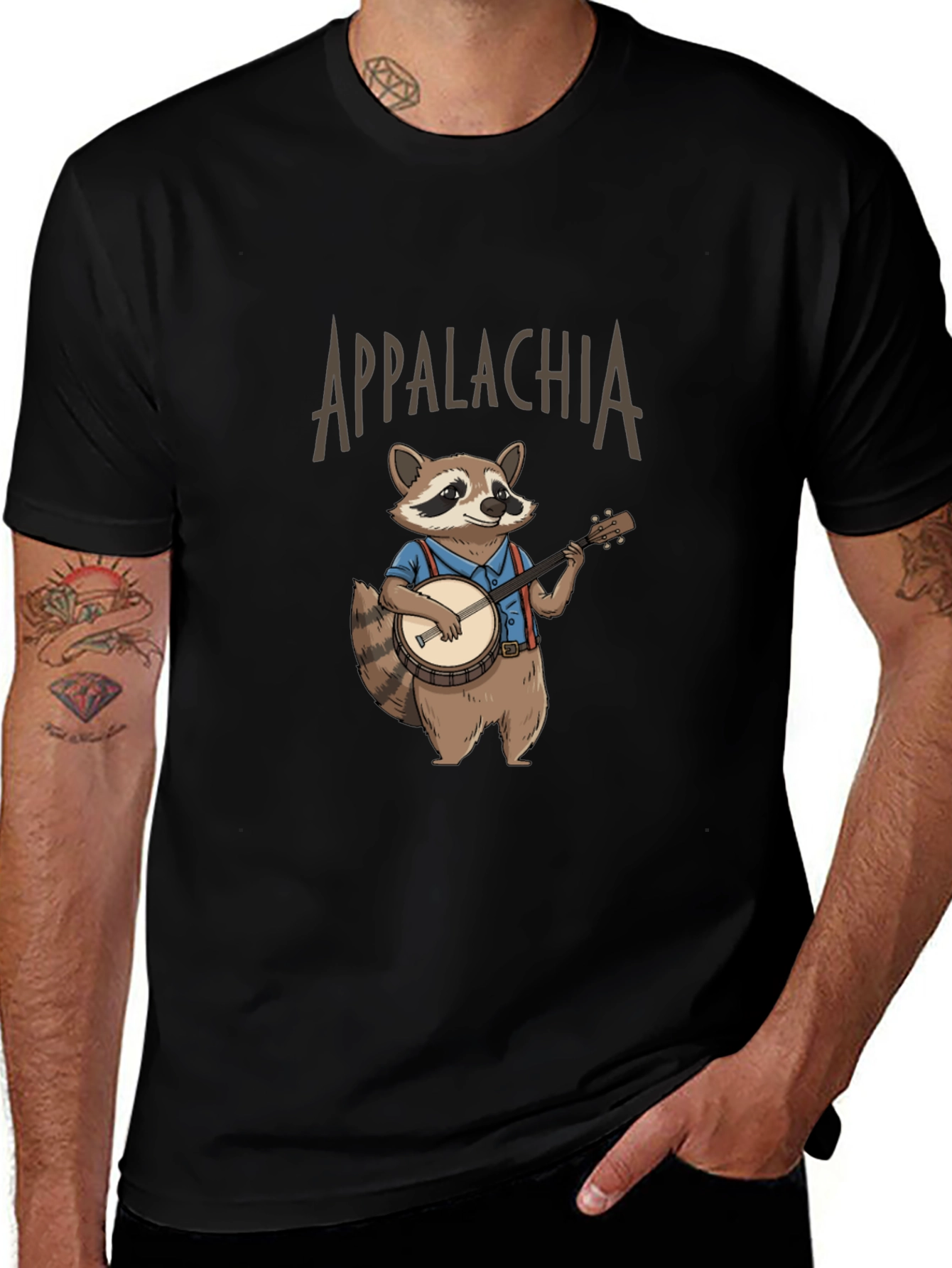 Appalachia Raccoon Banjo T-Shirt - Black Cotton Tee