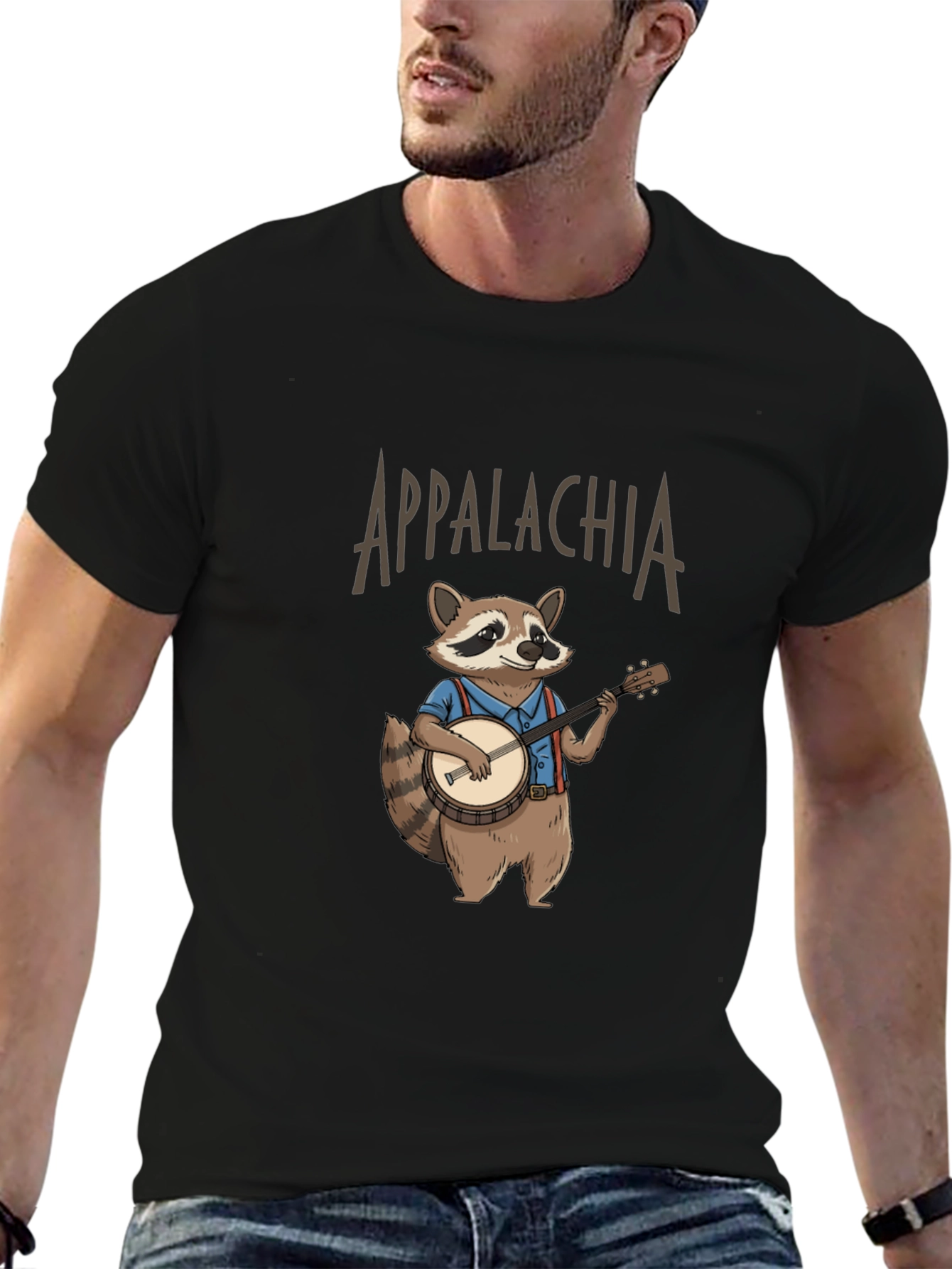 Appalachia Raccoon Banjo T-Shirt - Black Cotton Tee