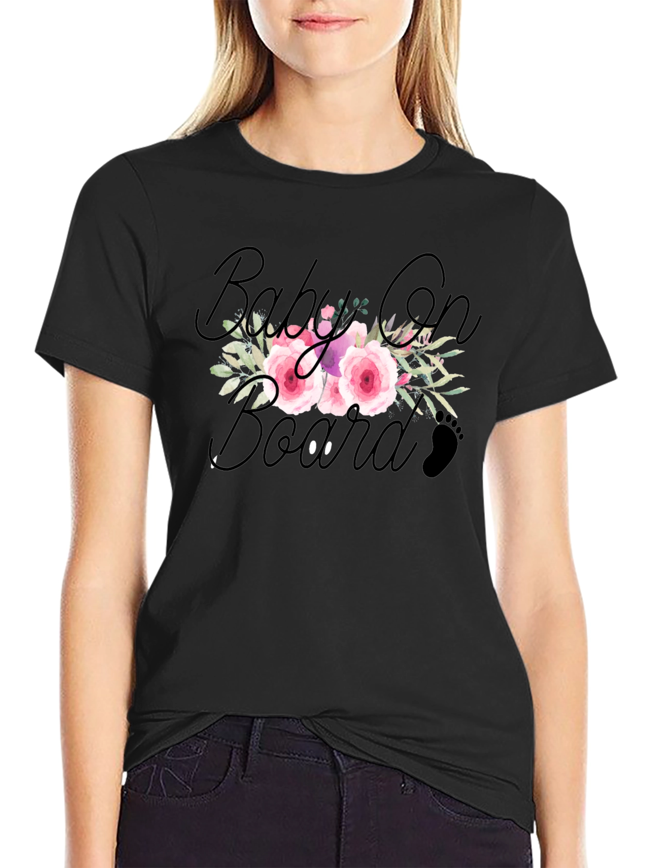 Floral Baby On Board Black T-Shirt