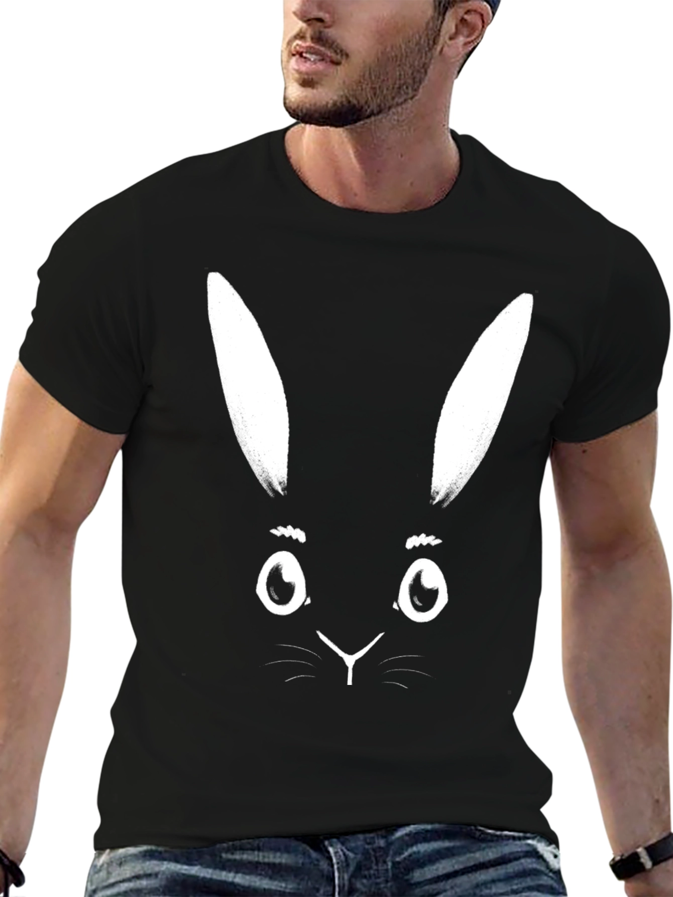 Black T-Shirt with White Bunny Face Graphic