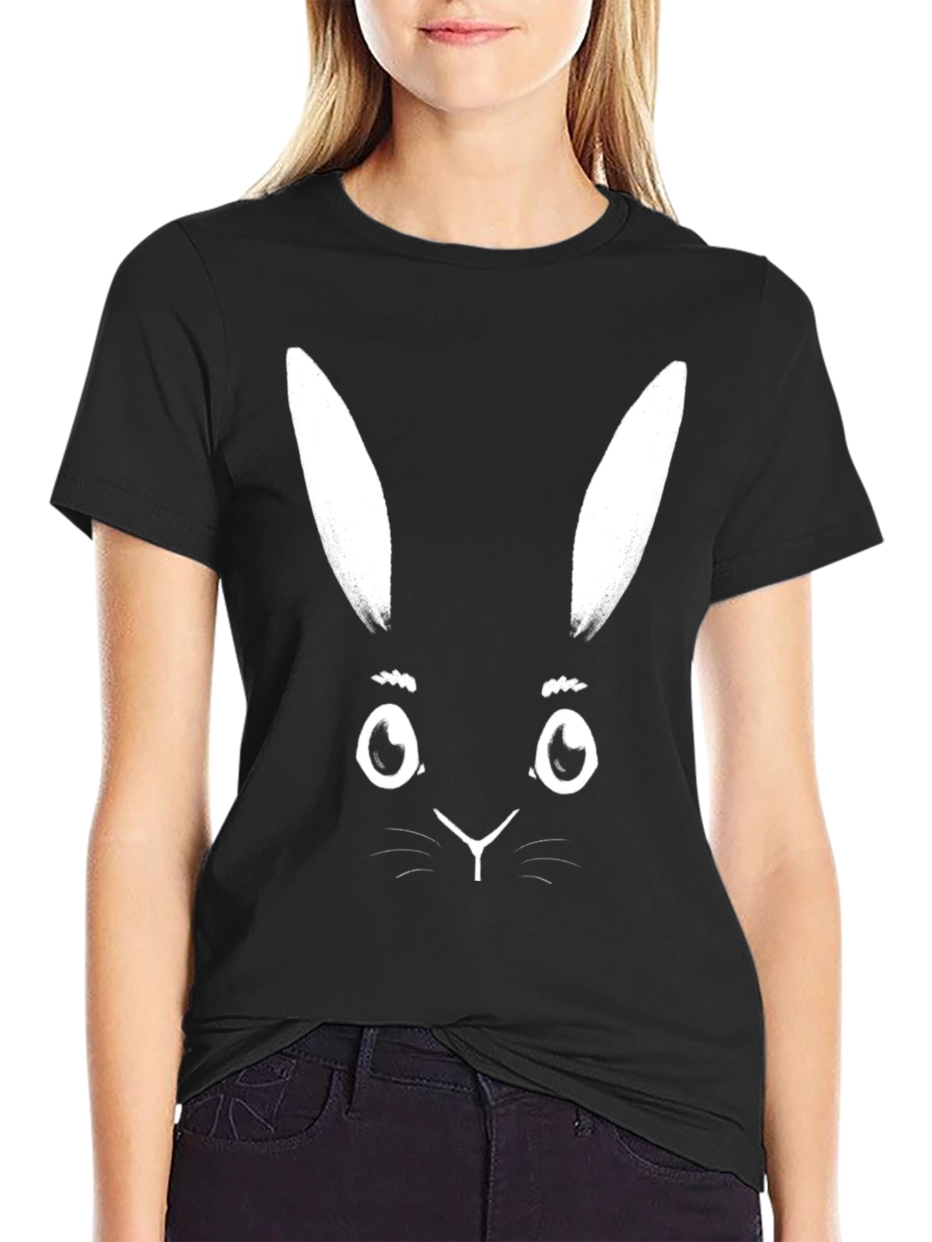 Black T-Shirt with White Bunny Face Graphic