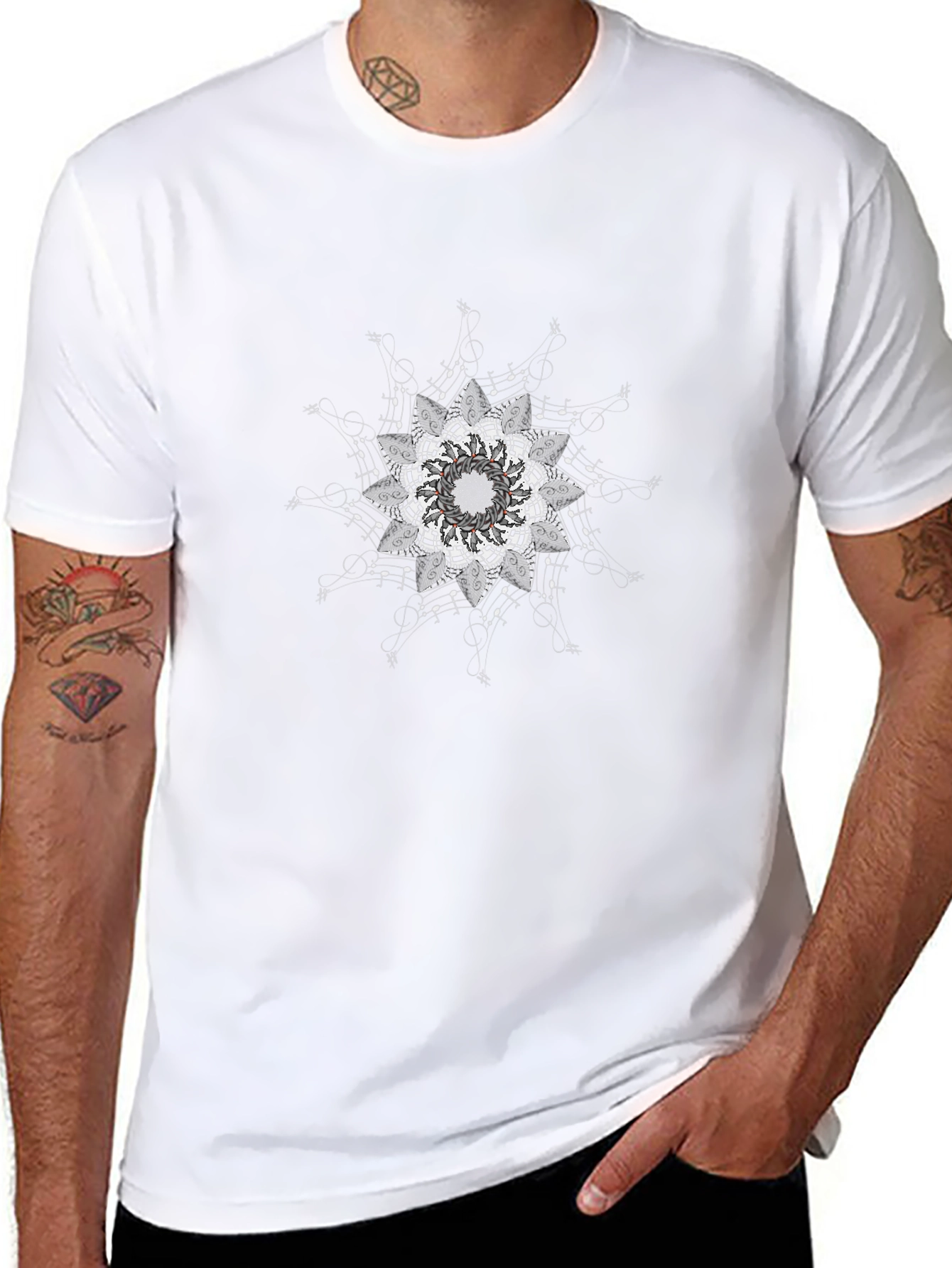 Black Tee with Mandala Music Notes Design