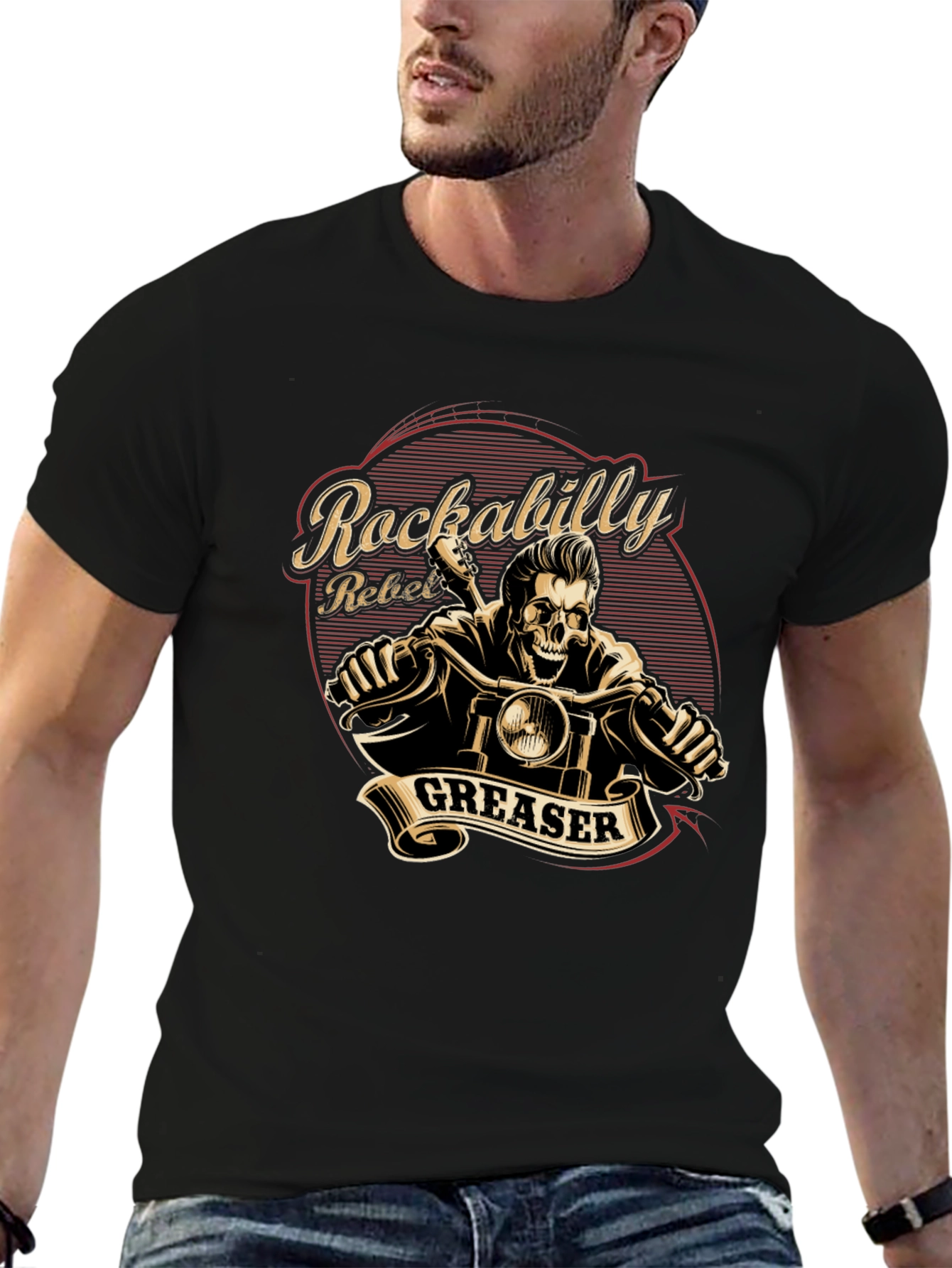 Rockabilly Rebel Greaser Skeleton Rider T-Shirt