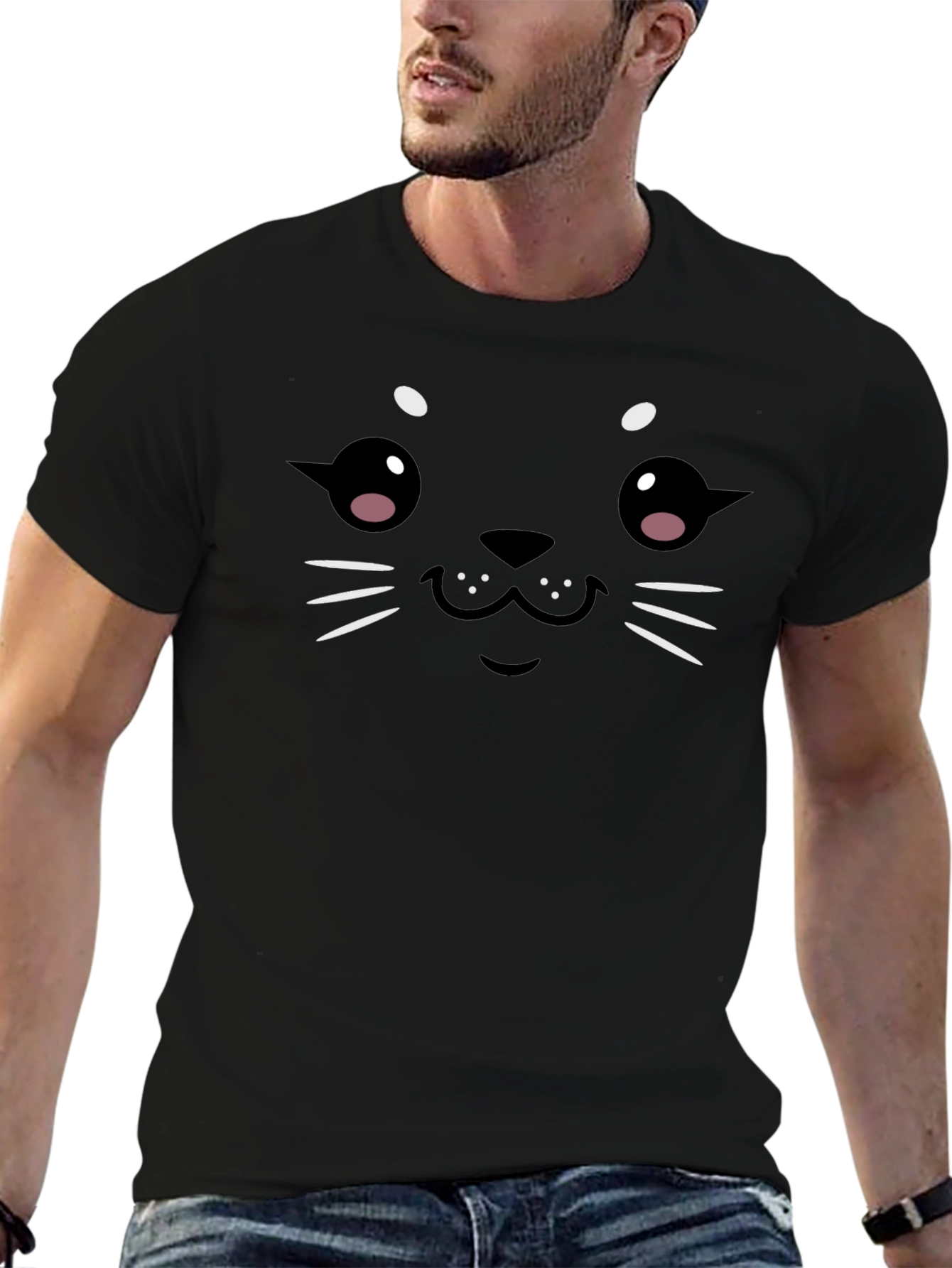 Cute Seal Face Graphic Black T-Shirt