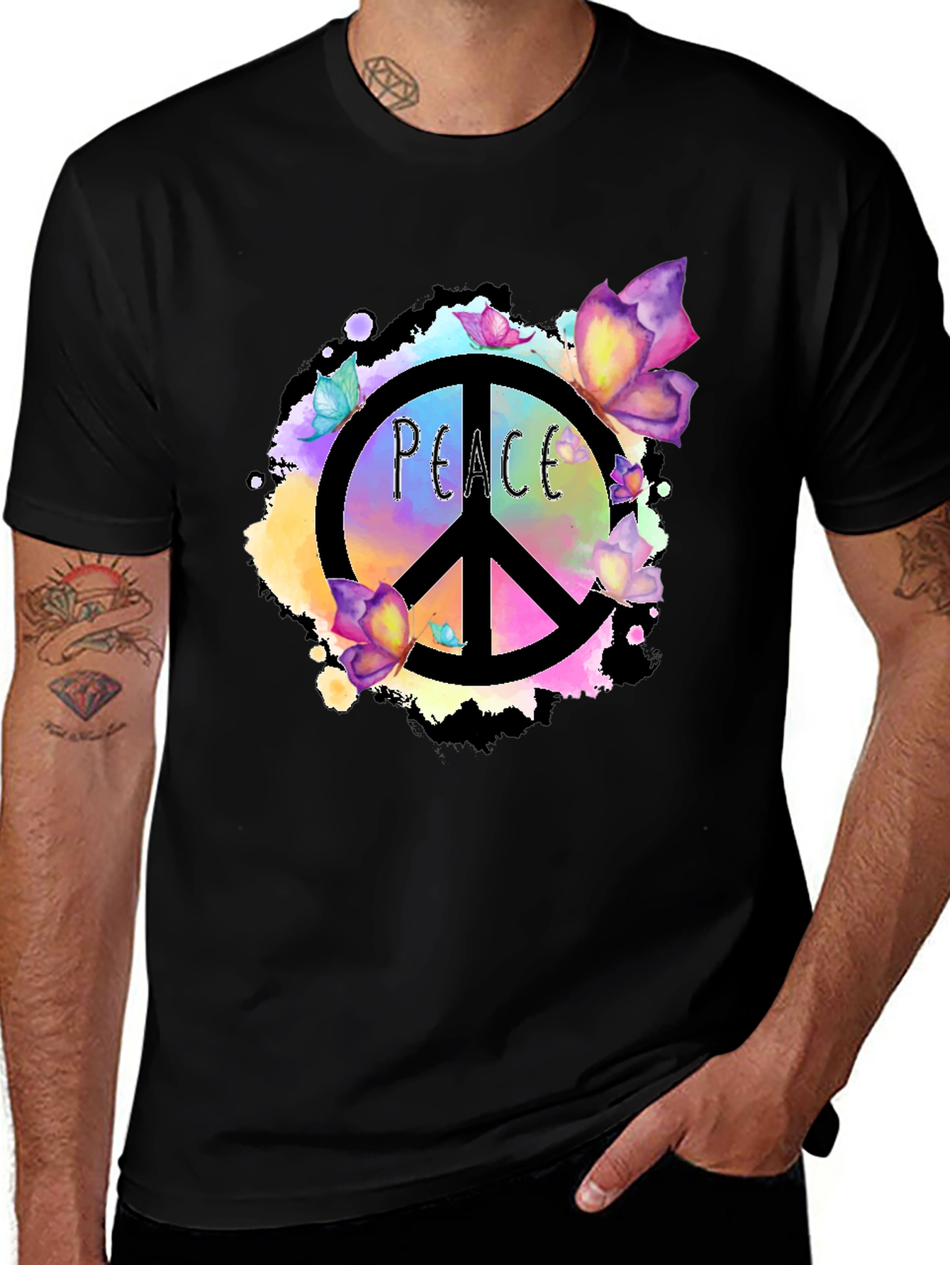Peace Sign Butterfly Graphic Black T-Shirt