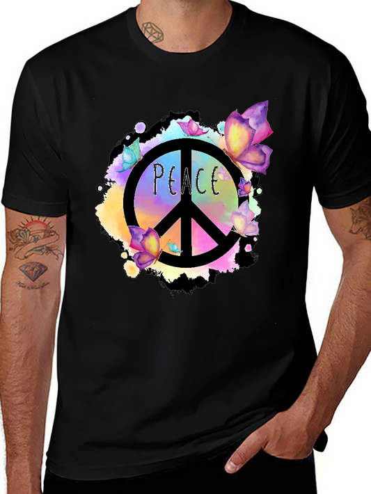 Peace Sign Butterfly Graphic Black T-Shirt