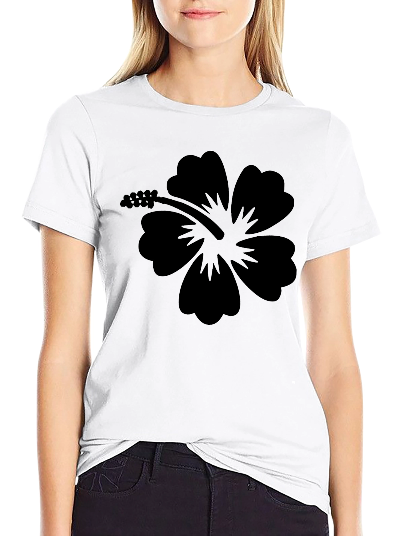 Black Hibiscus Flower Graphic T-Shirt - Casual Style