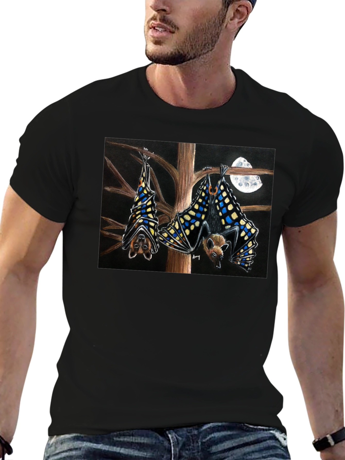 Bats & Moon Graphic Tee - Black Cotton T-Shirt
