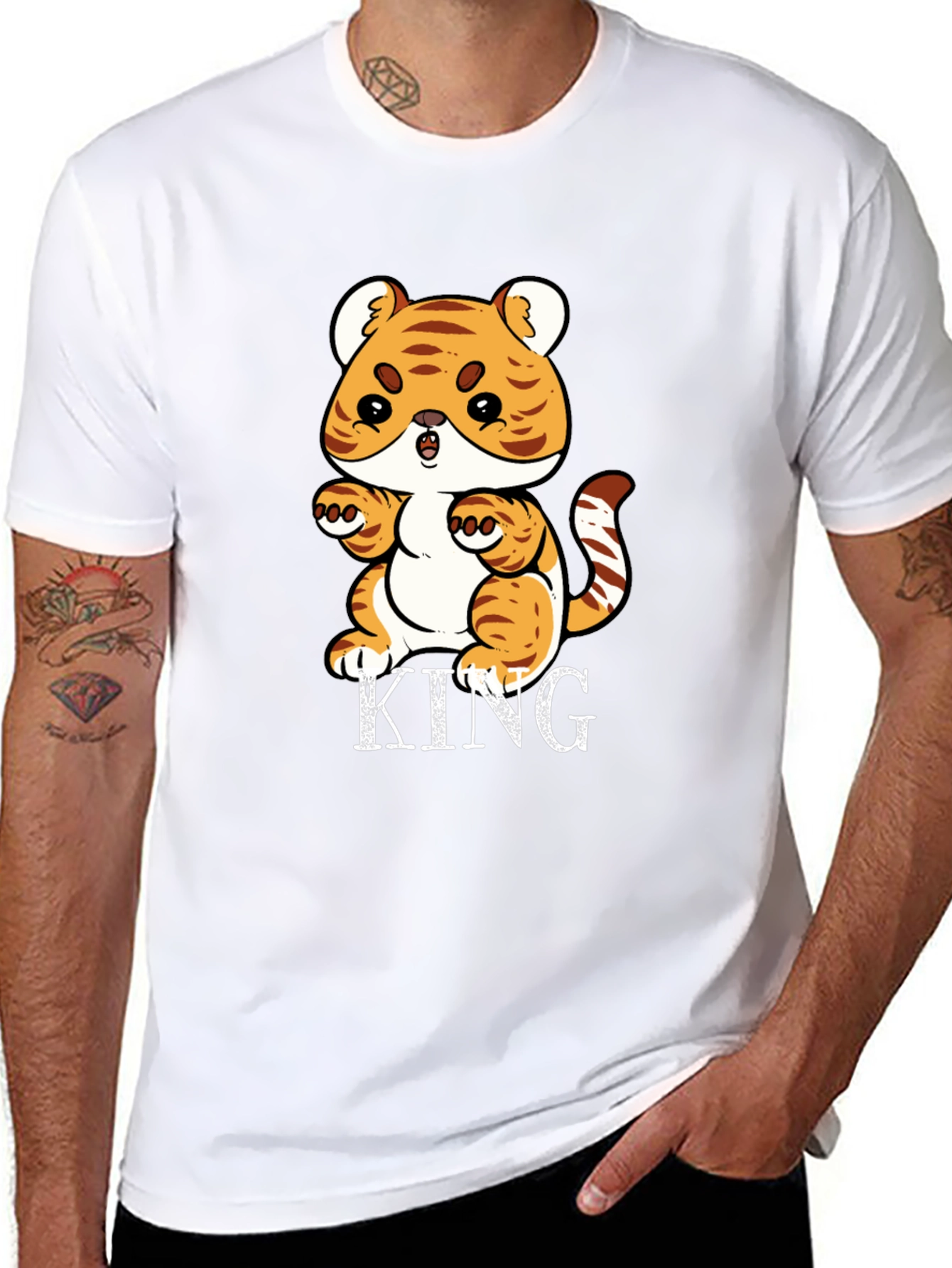 Cute Tiger King Graphic Print Black T-Shirt