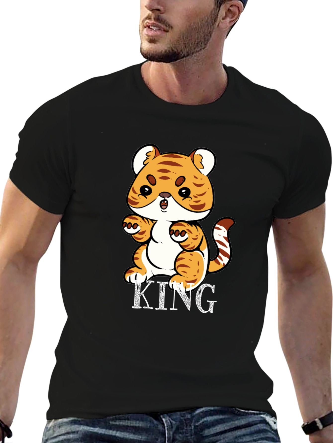 Cute Tiger King Graphic Print Black T-Shirt