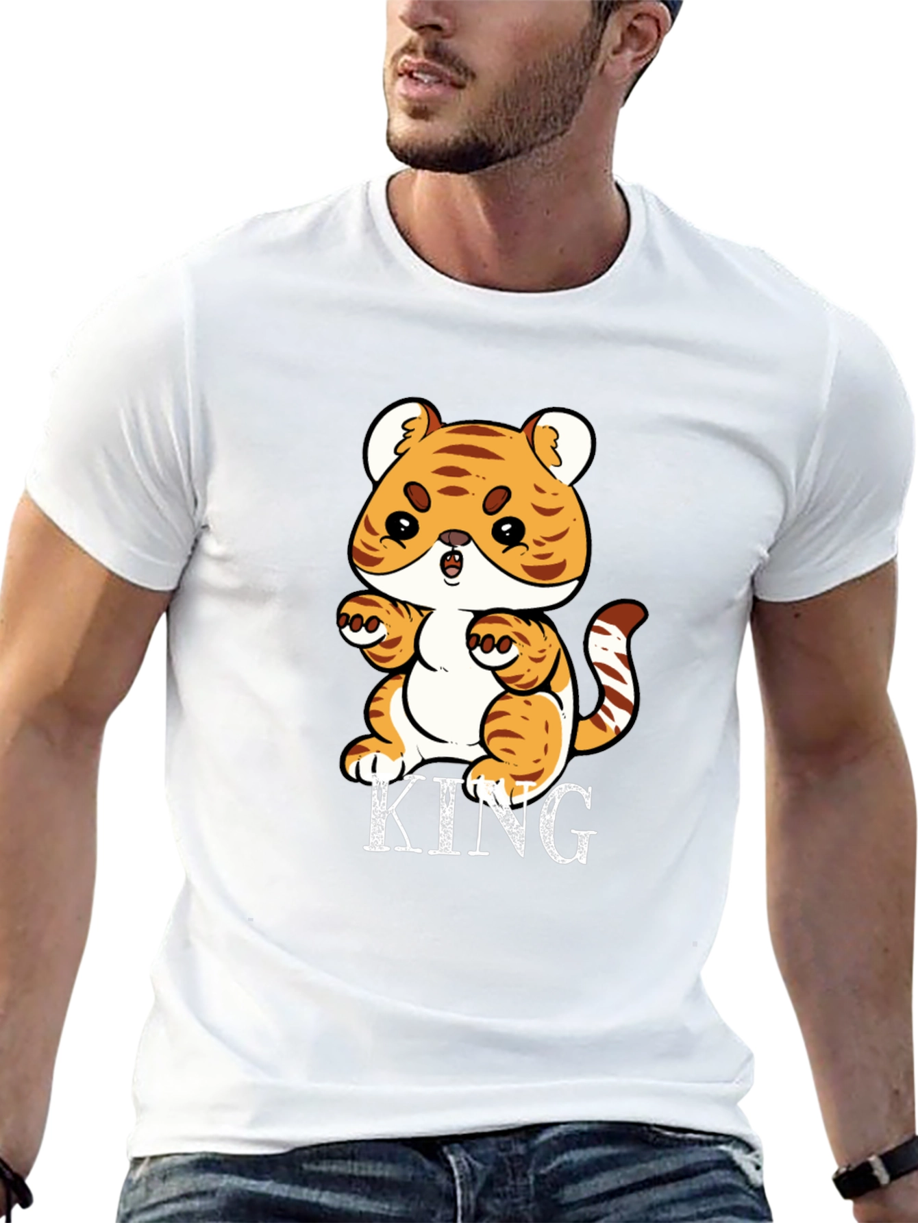 Cute Tiger King Graphic Print Black T-Shirt
