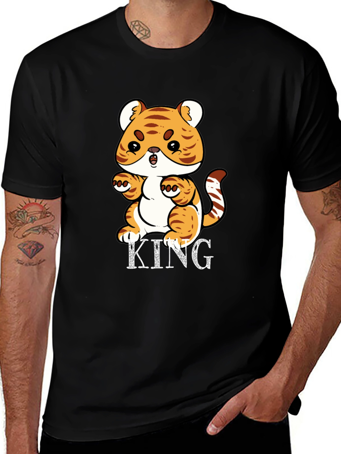 Cute Tiger King Graphic Print Black T-Shirt
