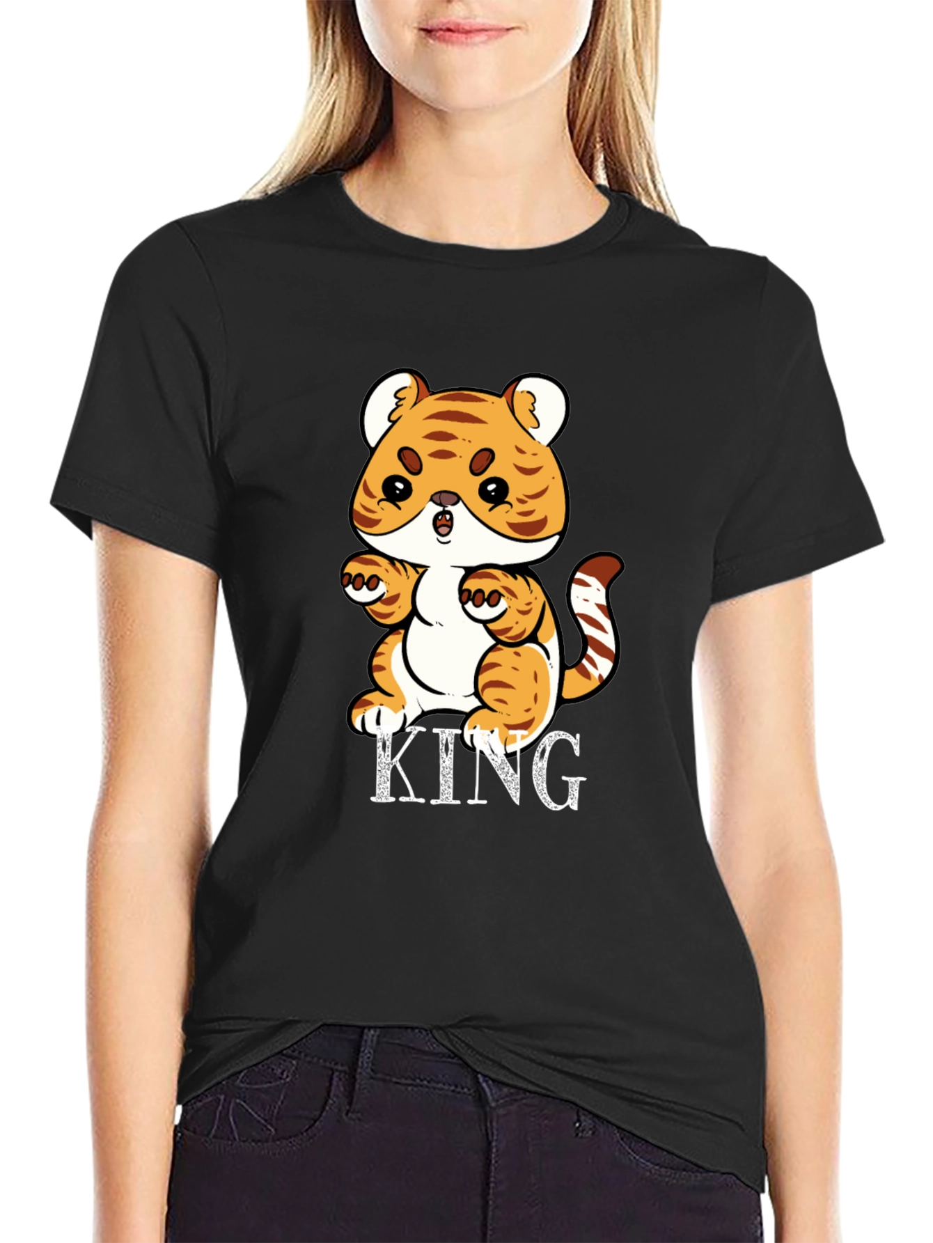 Cute Tiger King Graphic Print Black T-Shirt