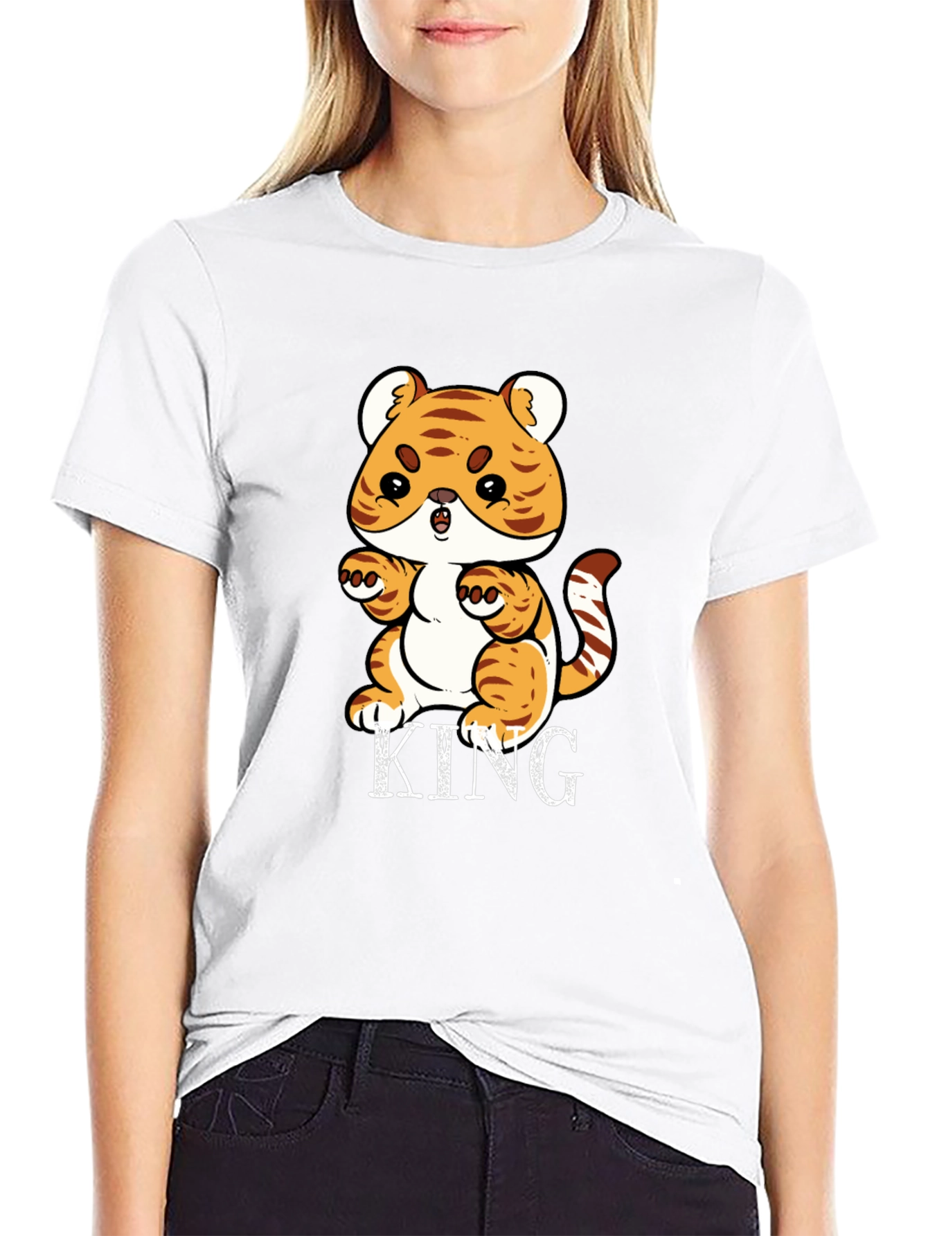 Cute Tiger King Graphic Print Black T-Shirt