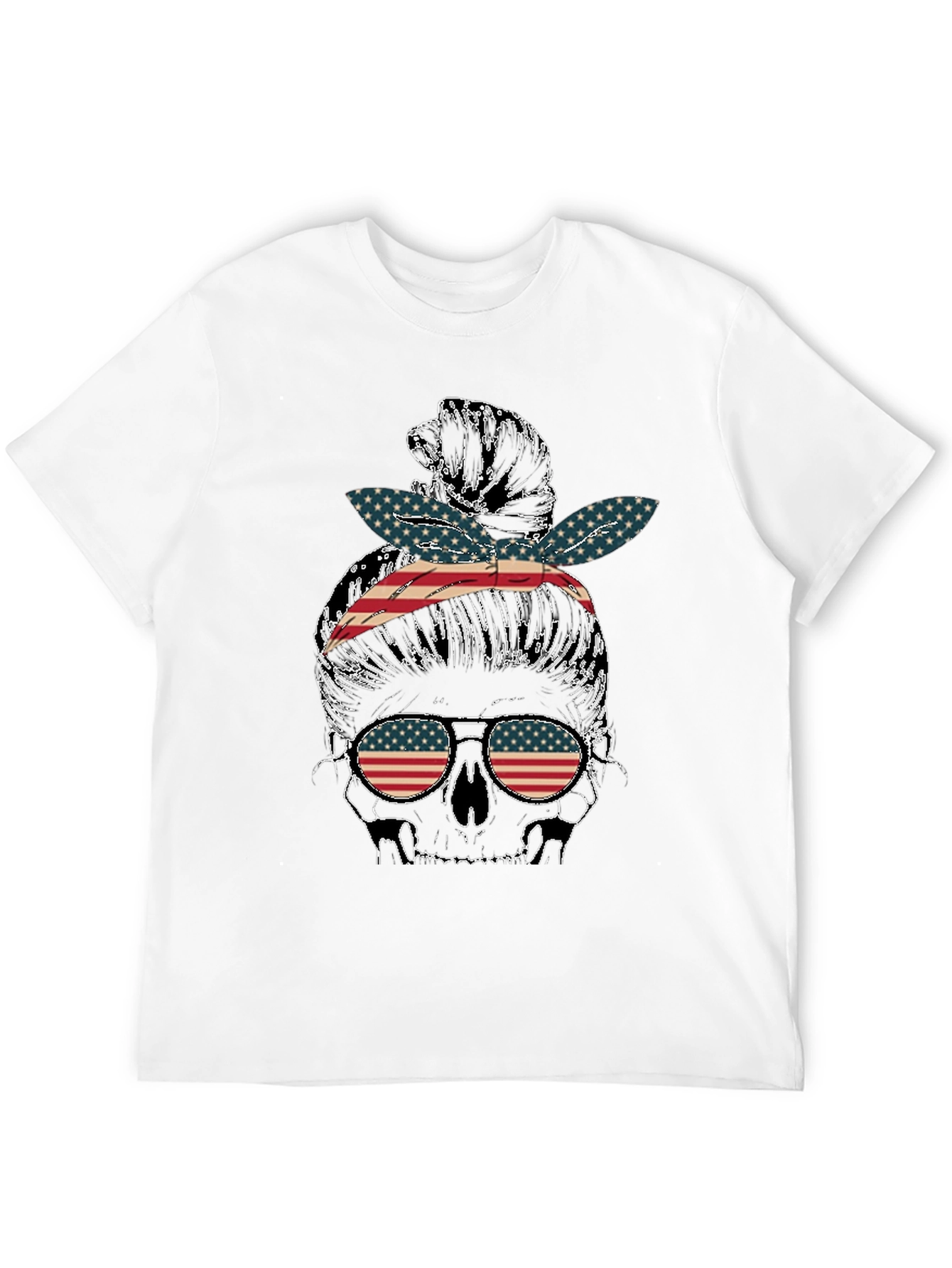 Skull Messy Bun US Flag T-Shirt