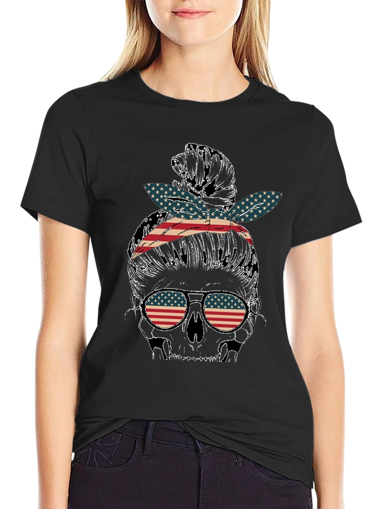 Skull Messy Bun US Flag T-Shirt