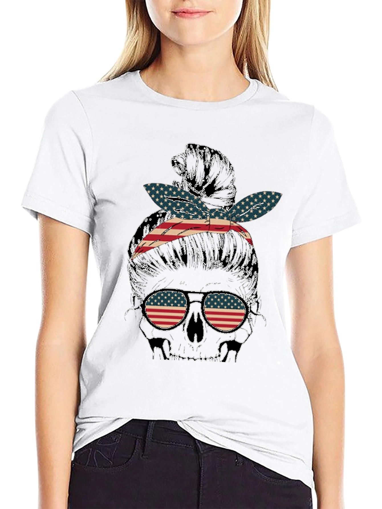 Skull Messy Bun US Flag T-Shirt