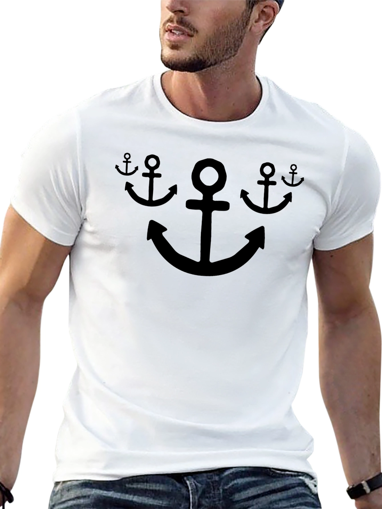 Nautical Anchor Graphic Tee - Black Cotton T-Shirt