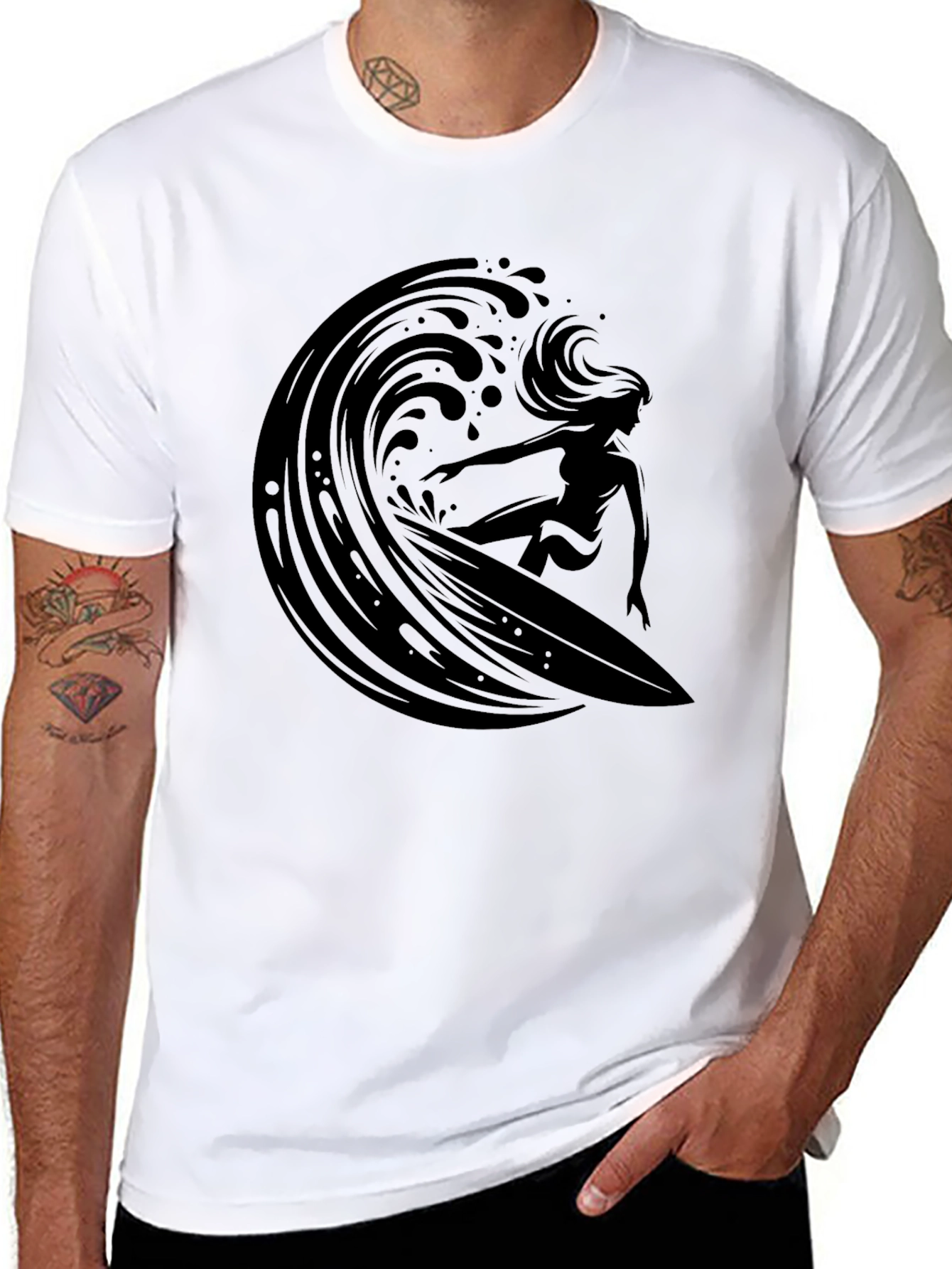 Surfer Girl Wave Graphic Black T-Shirt