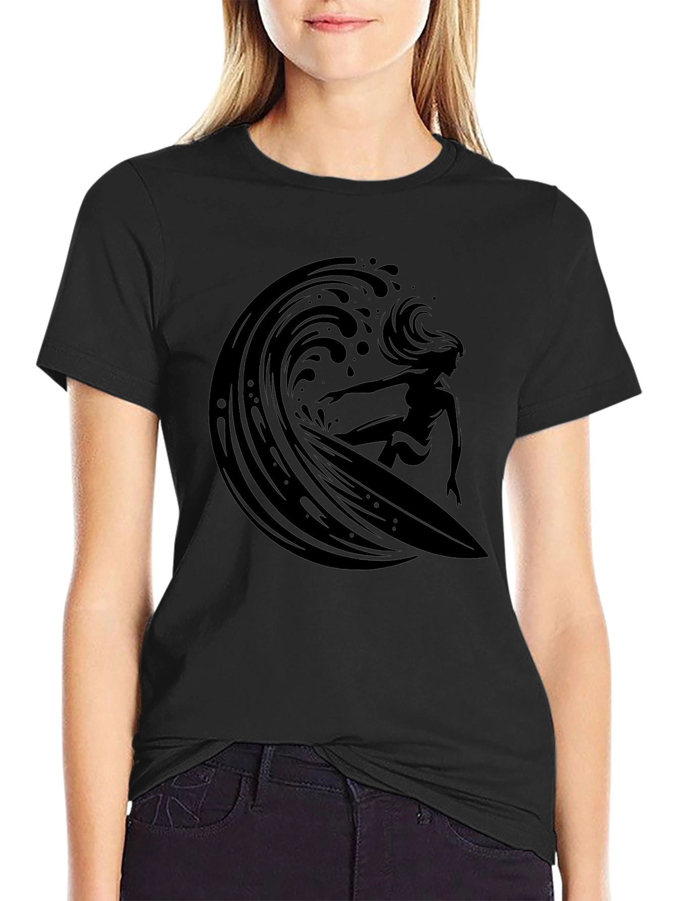 Surfer Girl Wave Graphic Black T-Shirt