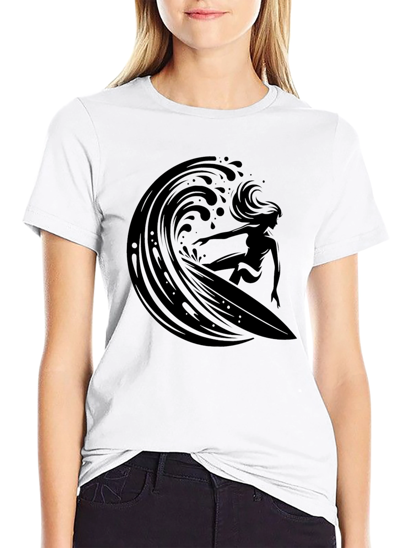 Surfer Girl Wave Graphic Black T-Shirt