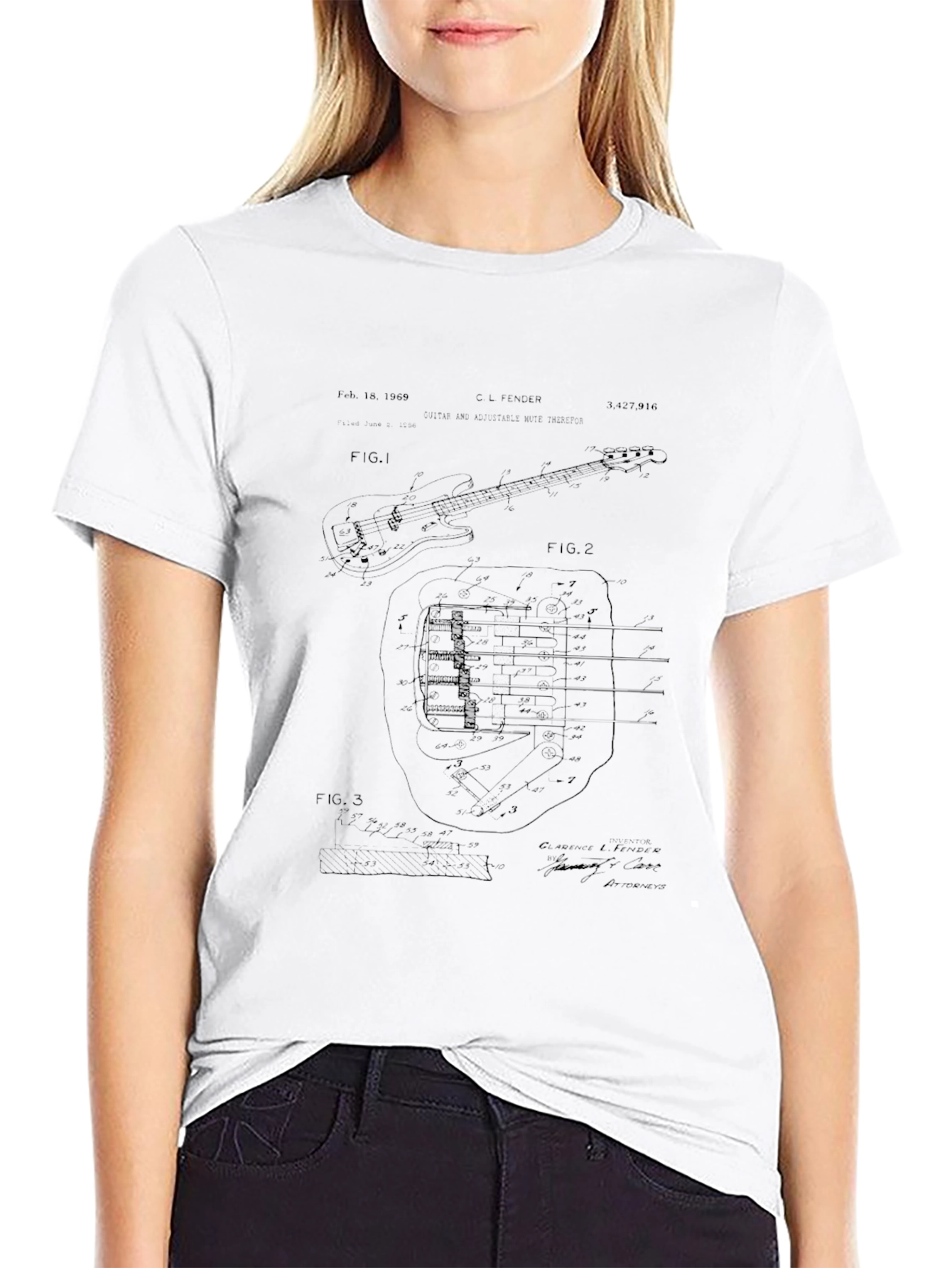 Bass Guitar Patent Print Black T-Shirt