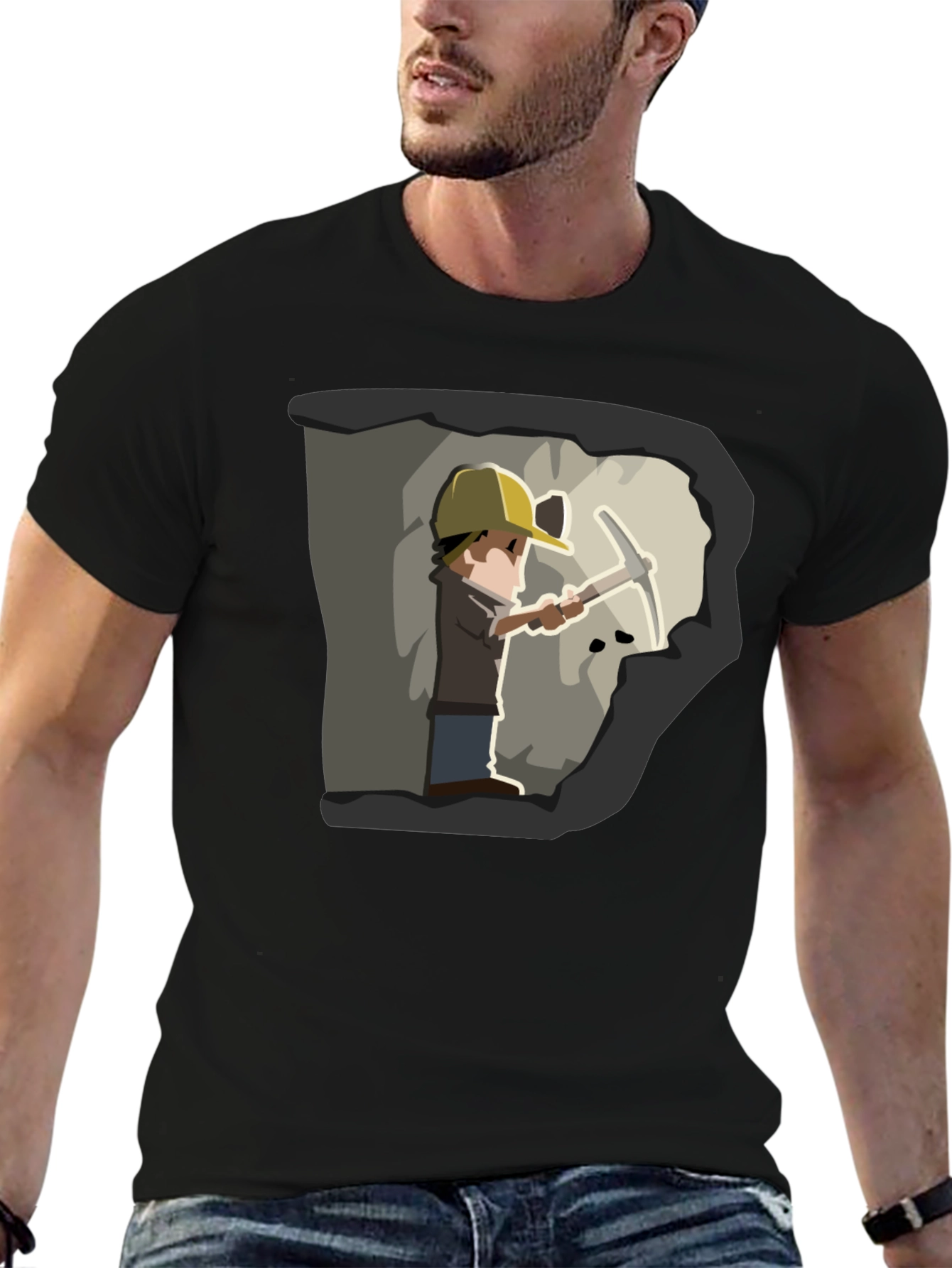 Miner Cartoon Graphic Tee - Black Cotton T-Shirt