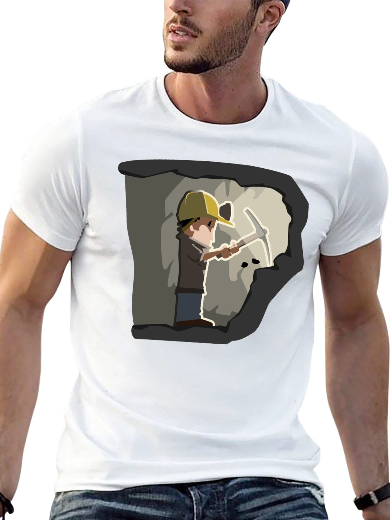 Miner Cartoon Graphic Tee - Black Cotton T-Shirt