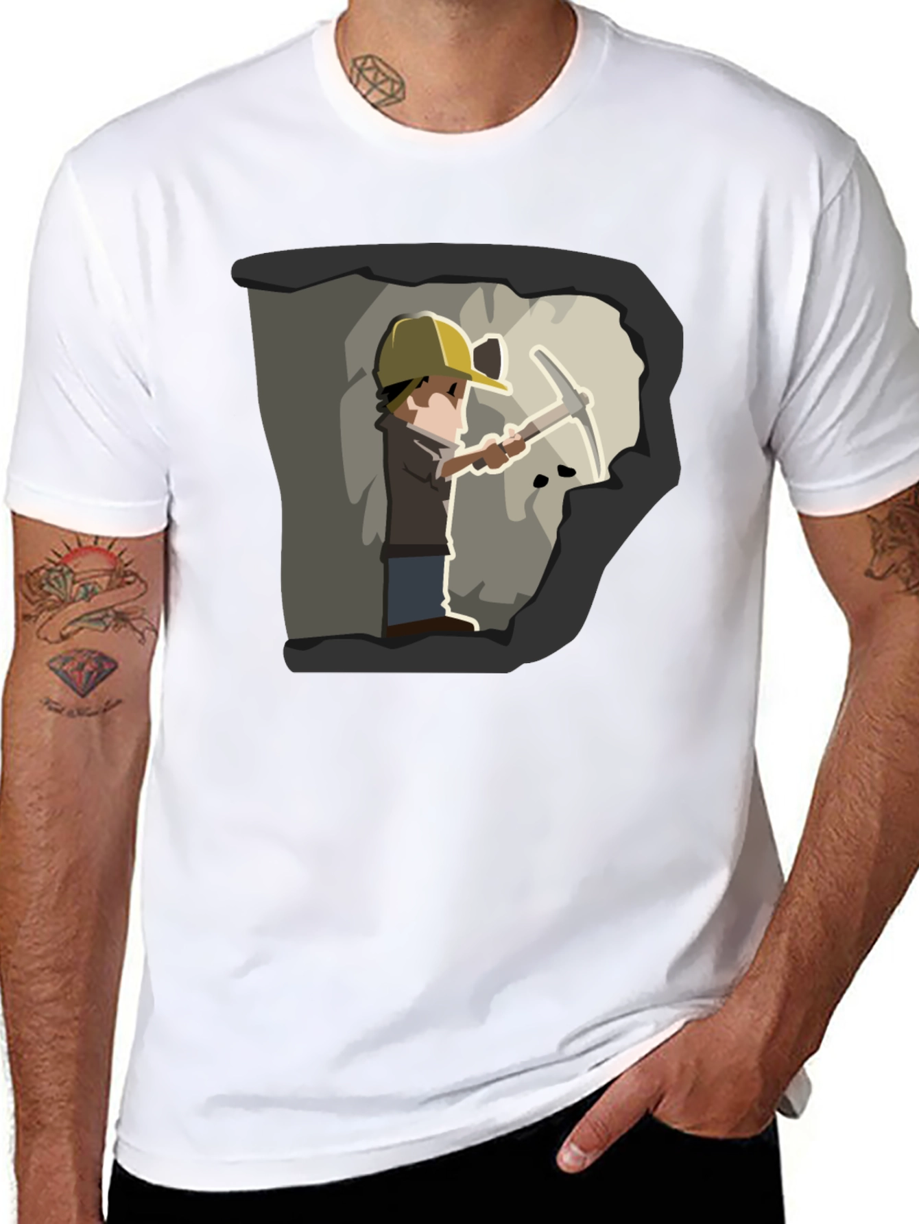 Miner Cartoon Graphic Tee - Black Cotton T-Shirt