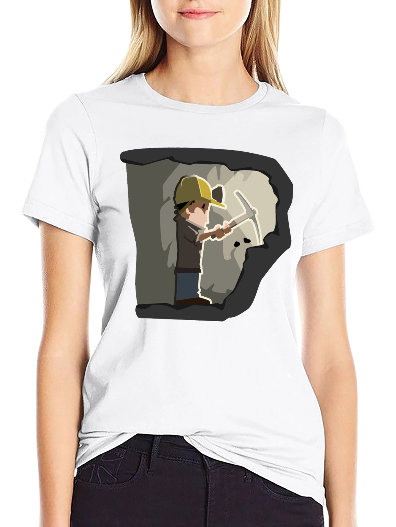 Miner Cartoon Graphic Tee - Black Cotton T-Shirt
