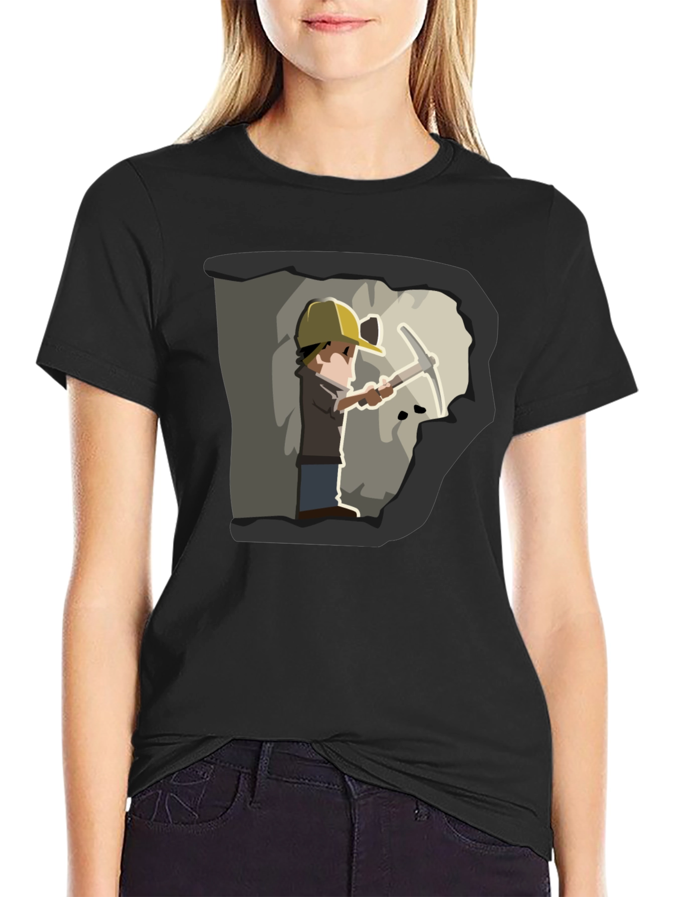 Miner Cartoon Graphic Tee - Black Cotton T-Shirt