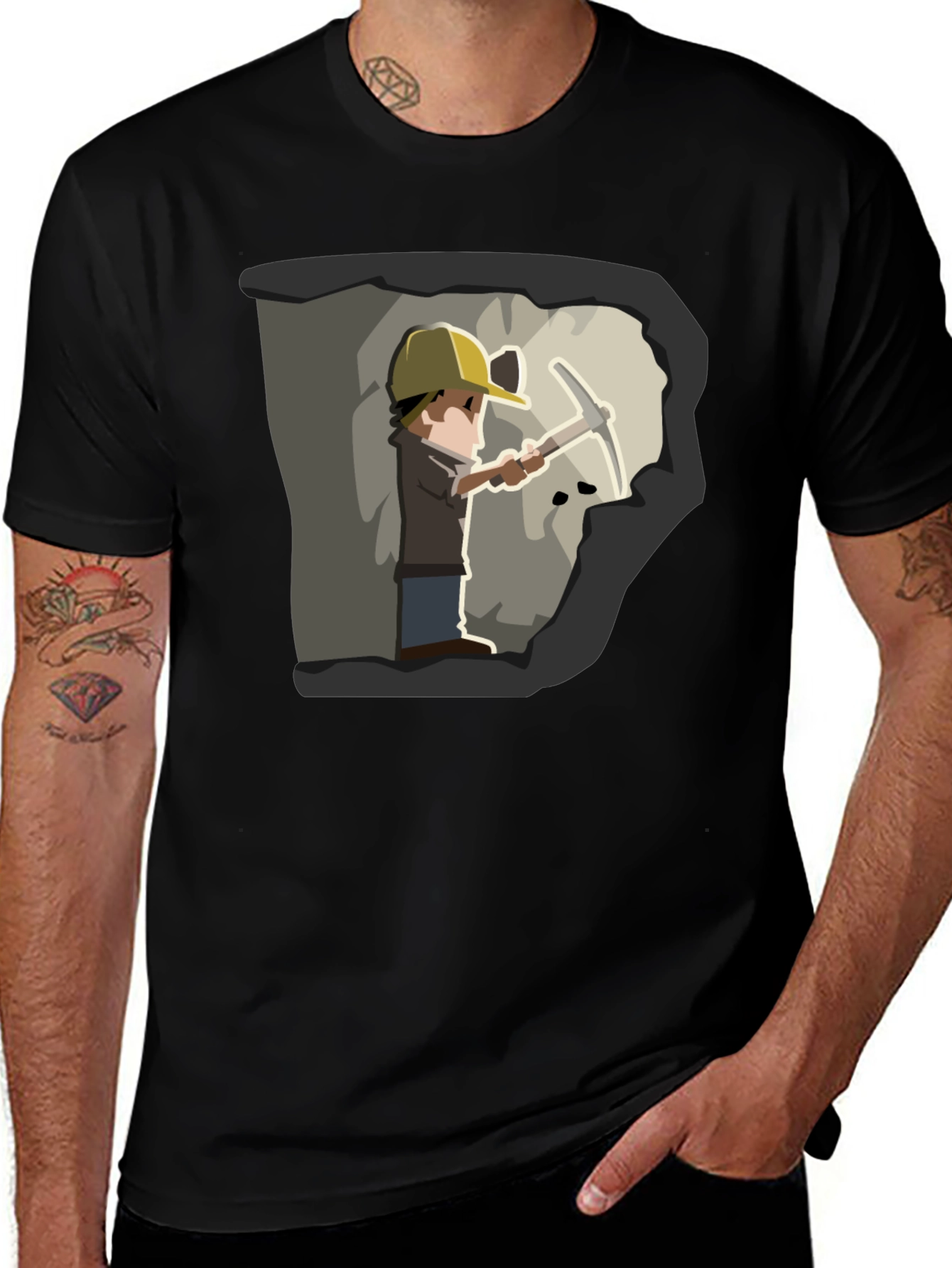 Miner Cartoon Graphic Tee - Black Cotton T-Shirt