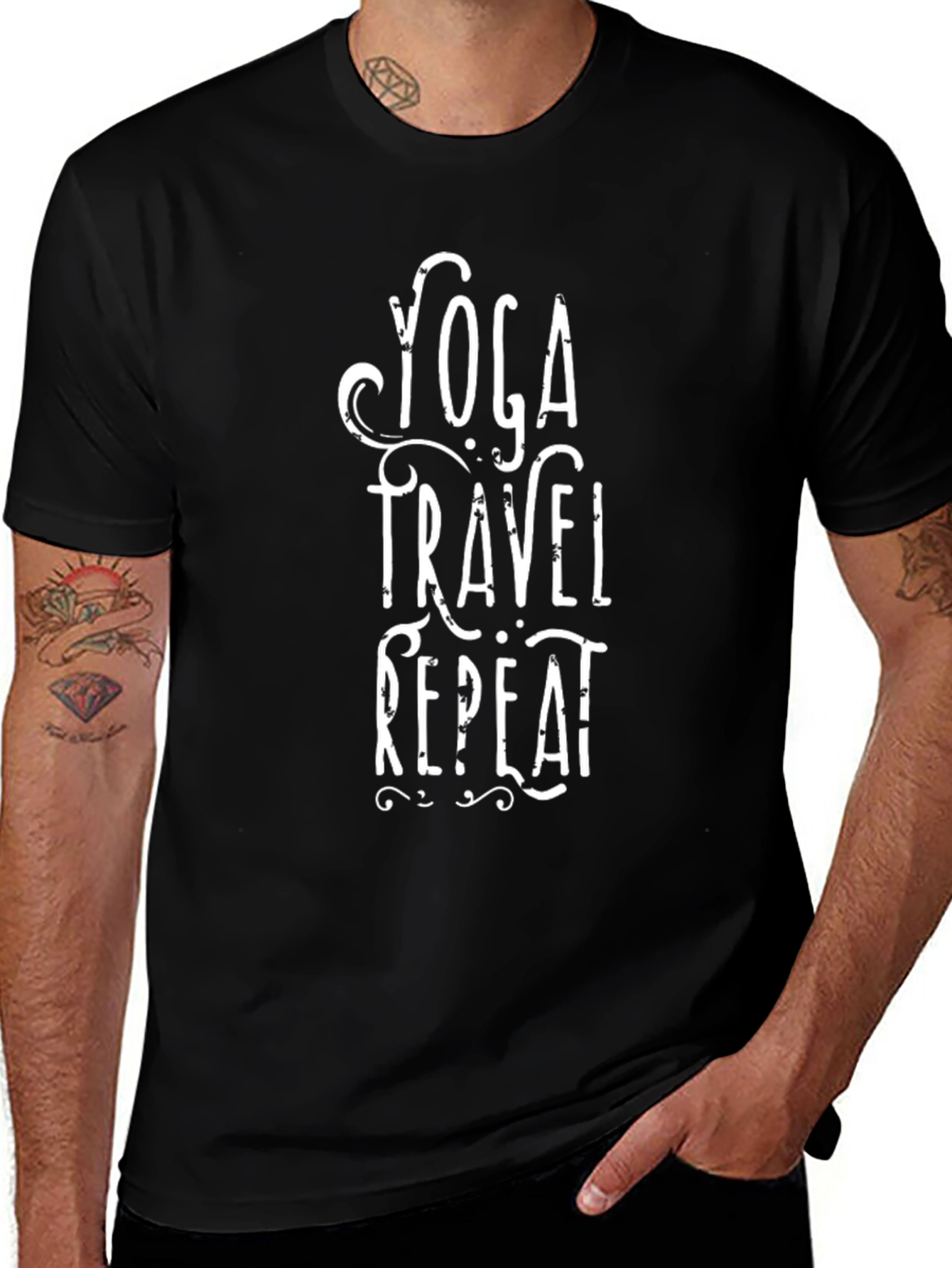 Yoga Travel Repeat Graphic Tee - Black Cotton T-Shirt