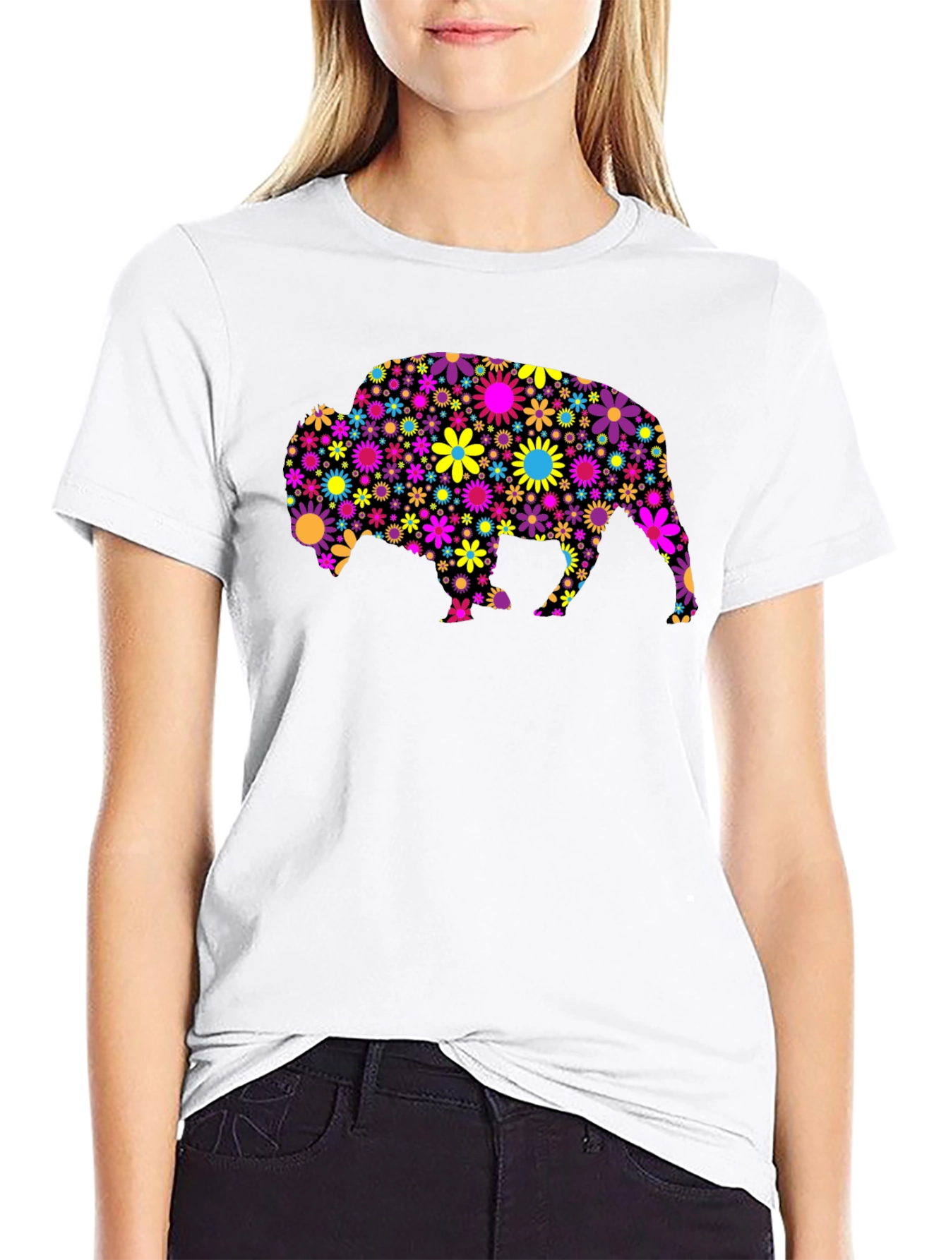 Floral Bison Graphic Tee - Trendy Mens T-Shirt