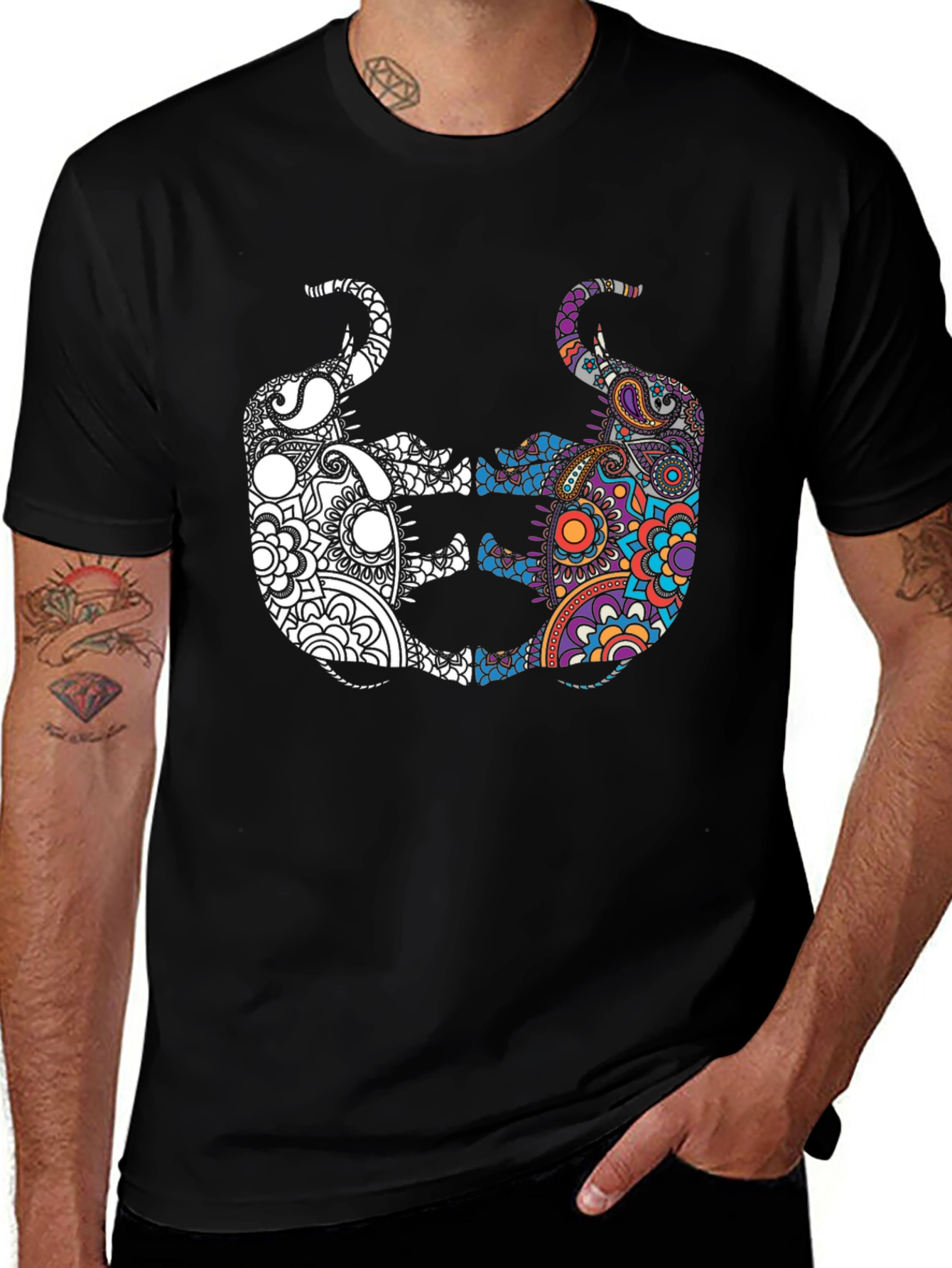 Yin Yang Elephant Graphic Tee - Black Cotton Shirt