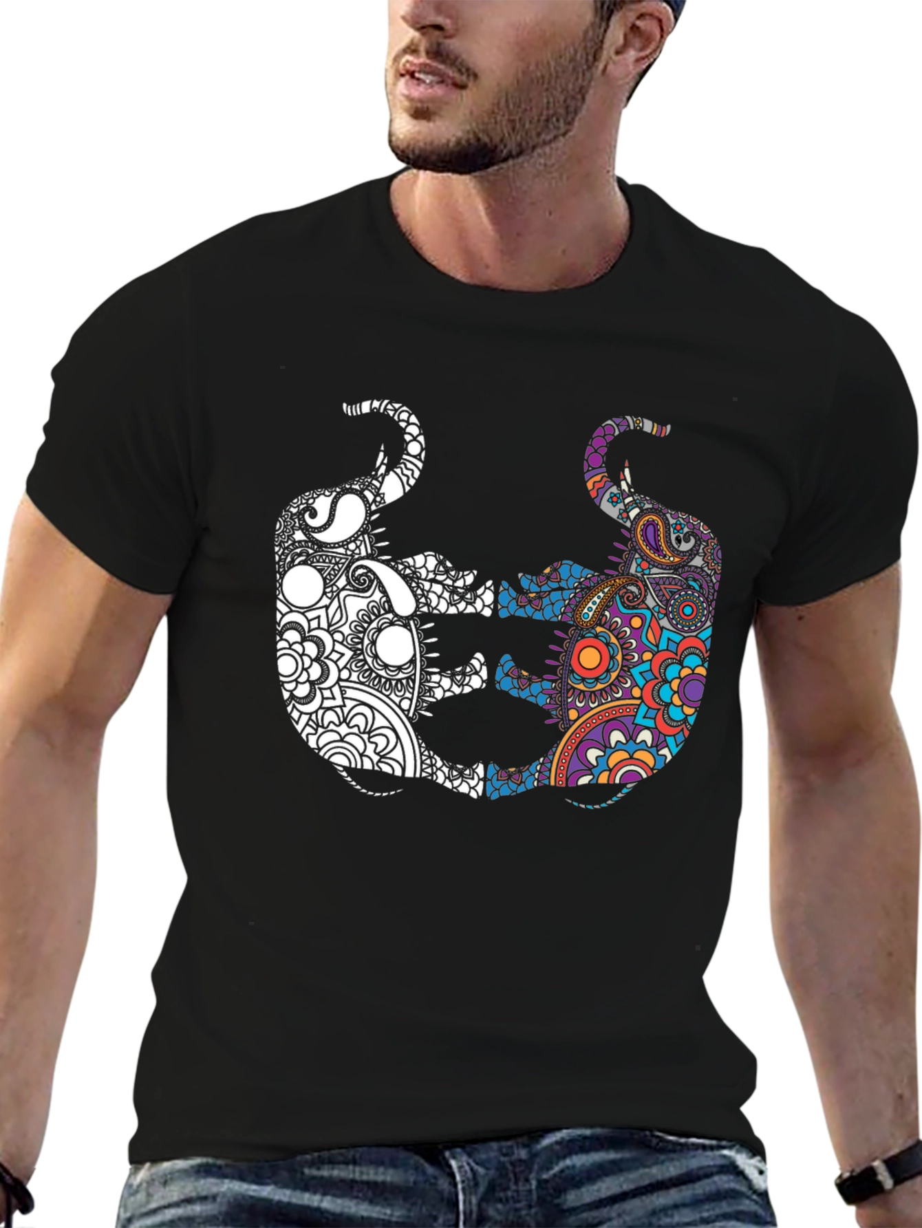 Yin Yang Elephant Graphic Tee - Black Cotton Shirt