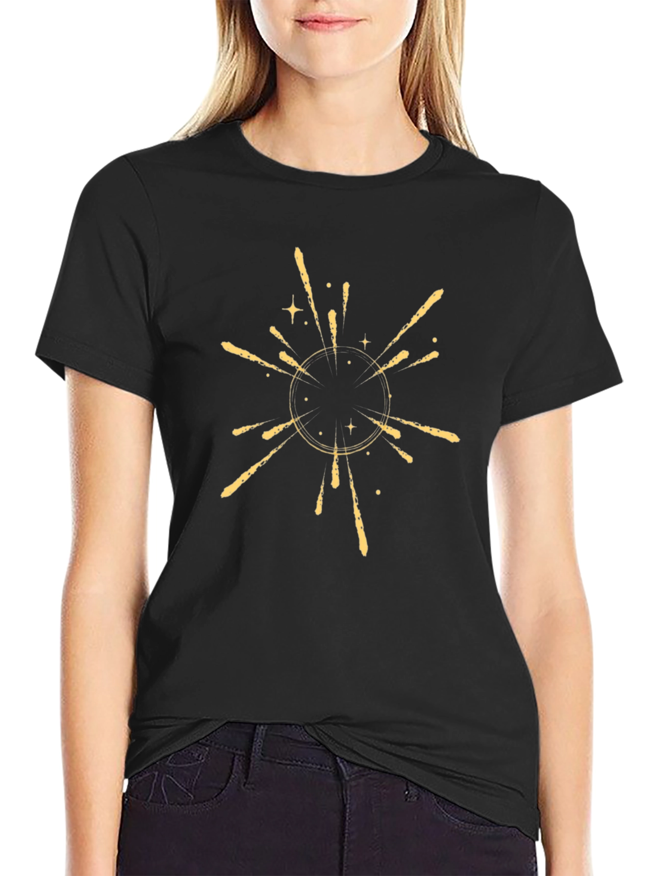 Mens Black T-Shirt with Golden Burst Design
