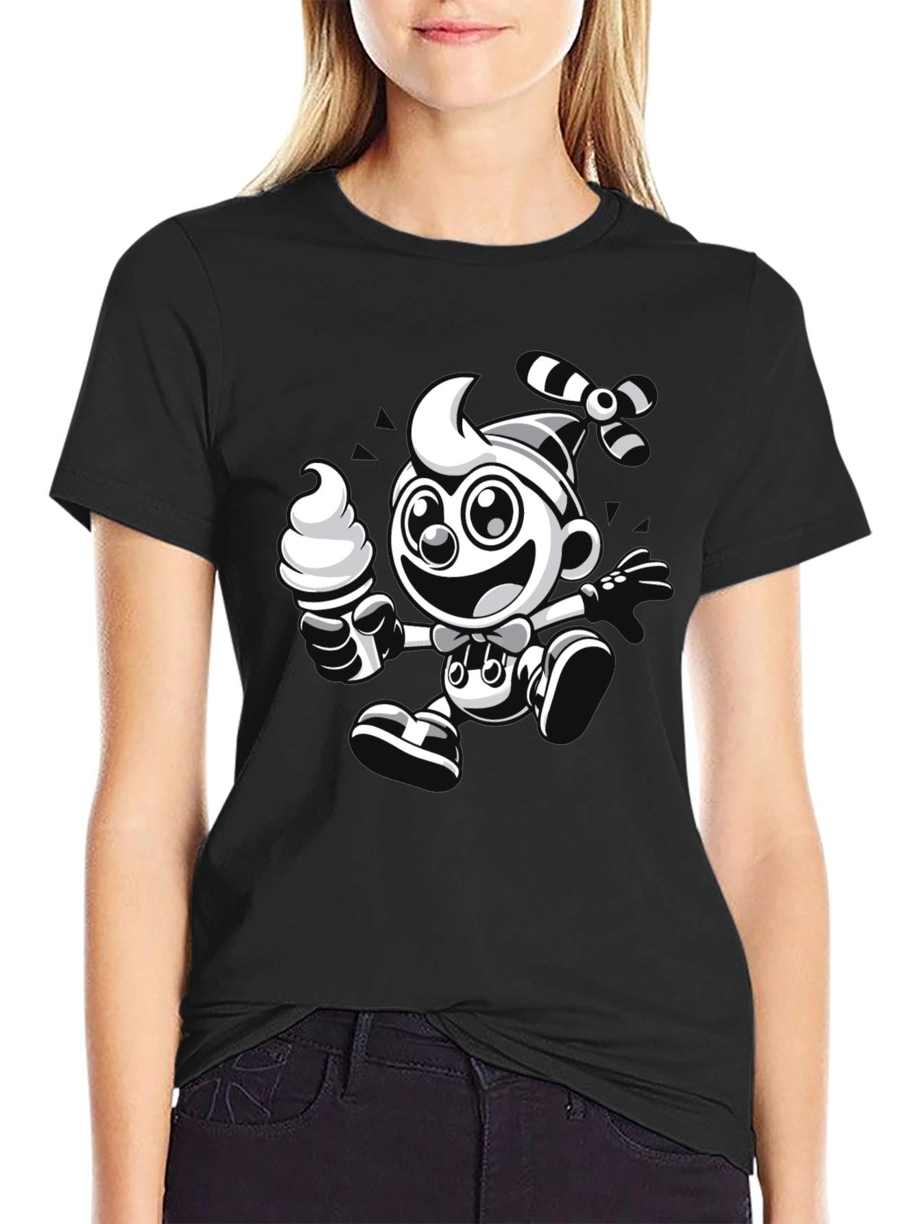 Cartoon Ice Cream Clown Black T-Shirt