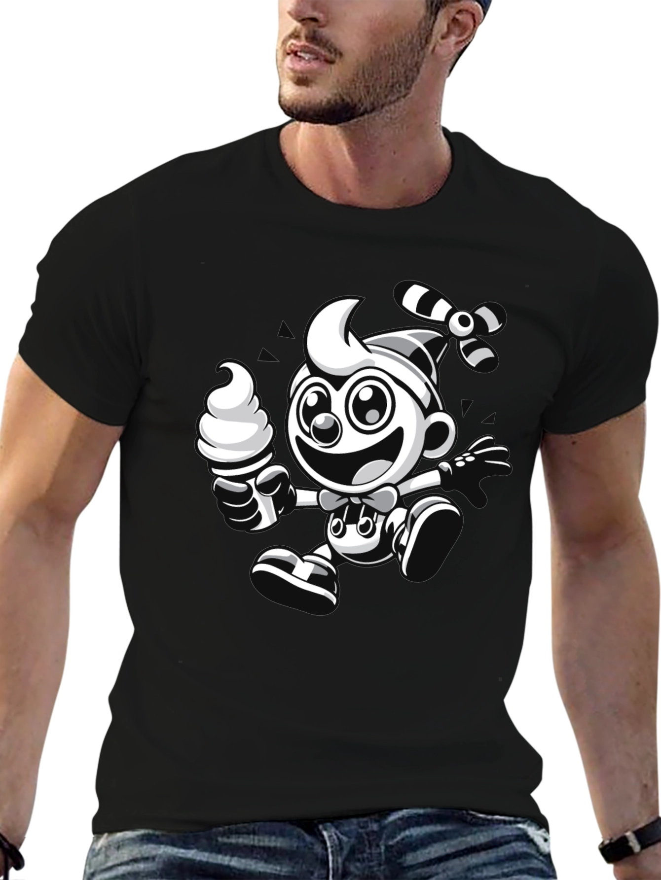 Cartoon Ice Cream Clown Black T-Shirt