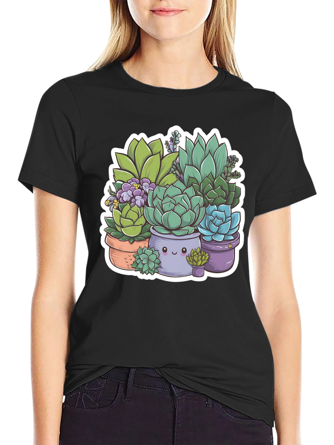 Cute Succulent Plant Graphic Tee - Black Unisex T-Shirt