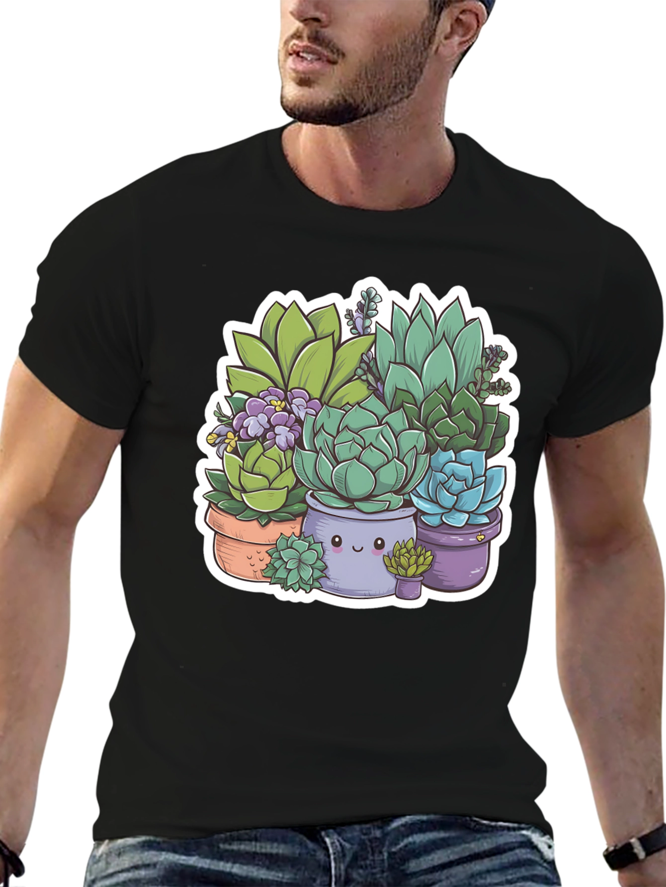 Cute Succulent Plant Graphic Tee - Black Unisex T-Shirt