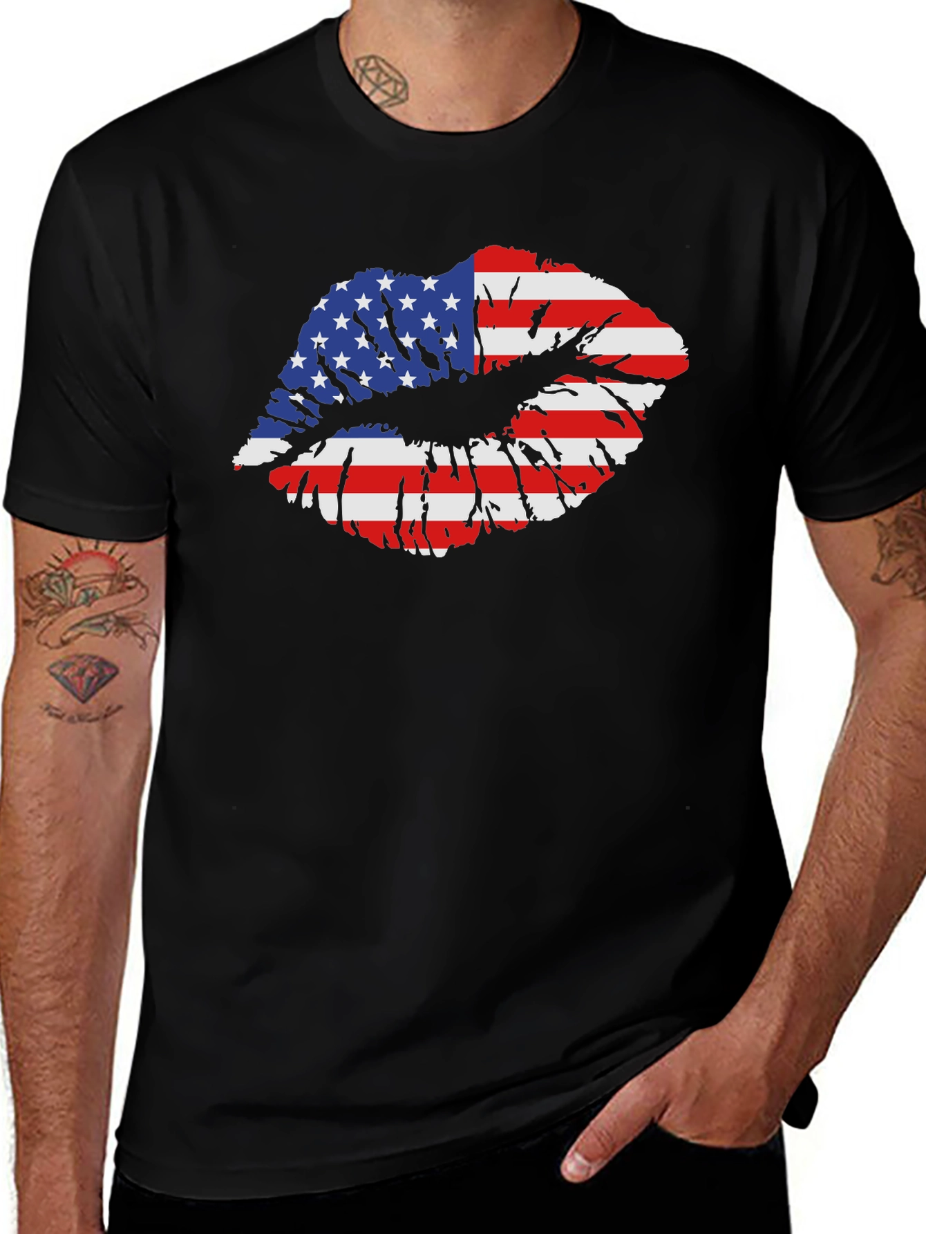 American Flag Lips Graphic Black T-Shirt