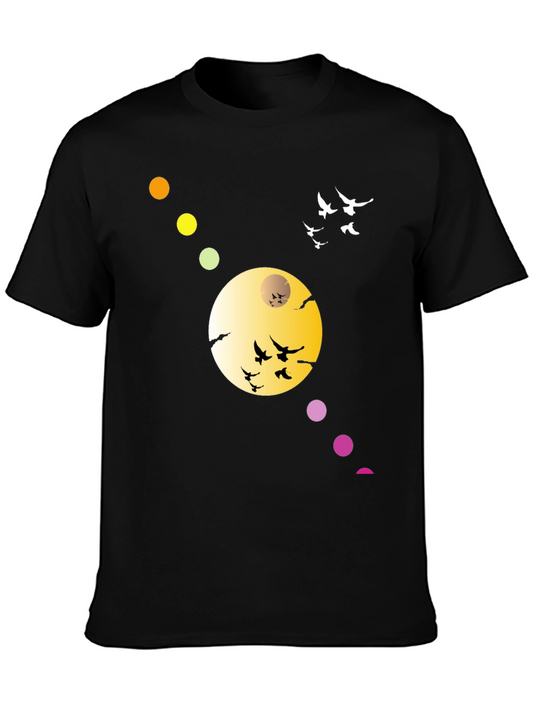 Black T-Shirt with Abstract Moon & Birds Design