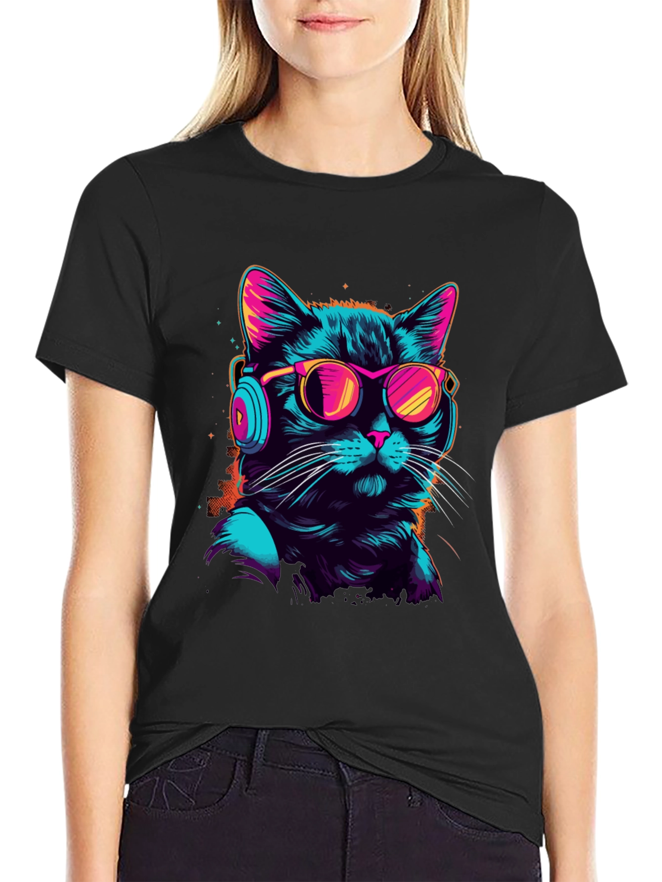 Retro Cat T-Shirt with Headphones & Sunglasses