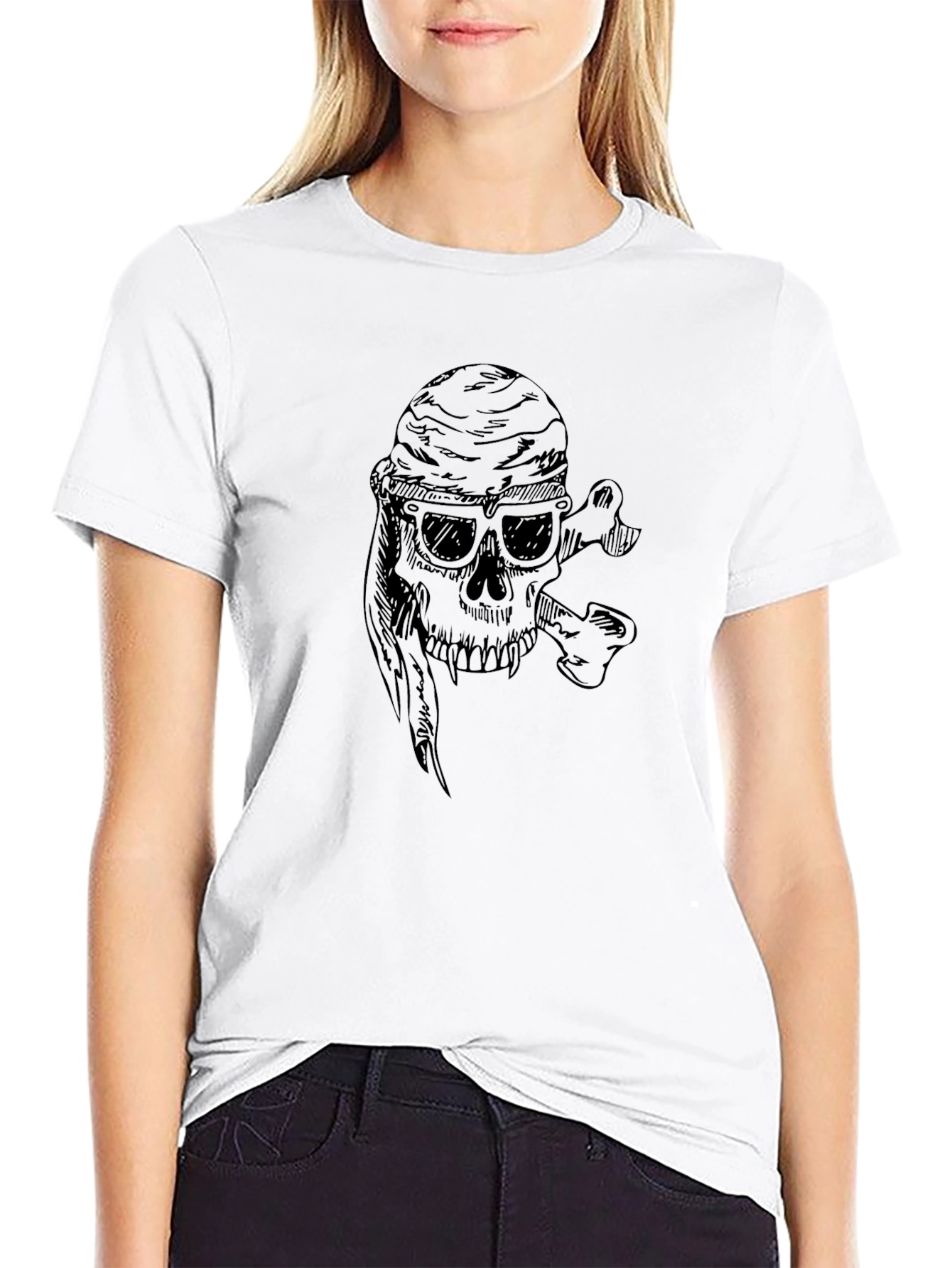Skull & Crossbones Graphic Print Tee - Black