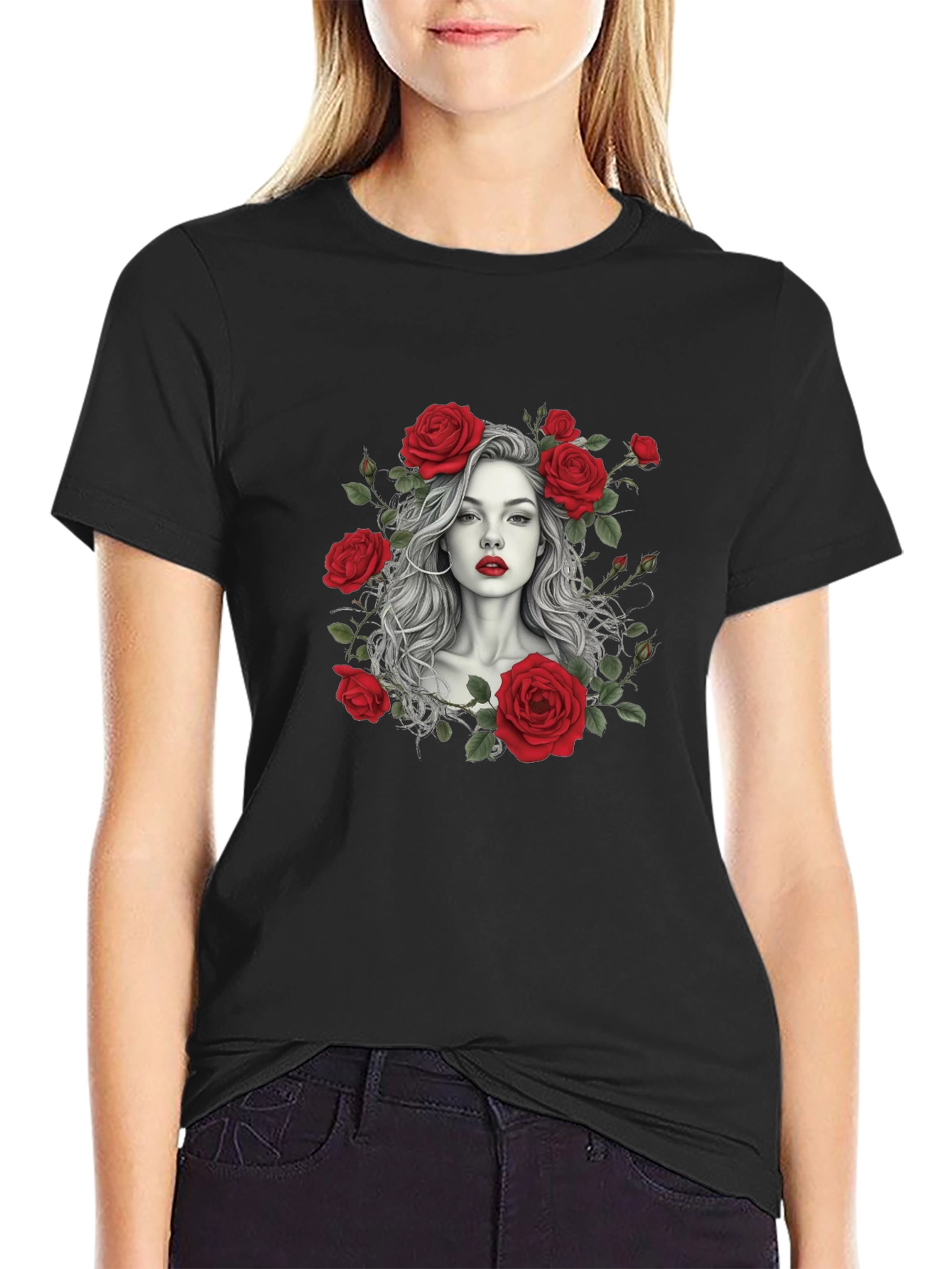 Floral Portrait Graphic Tee - Black