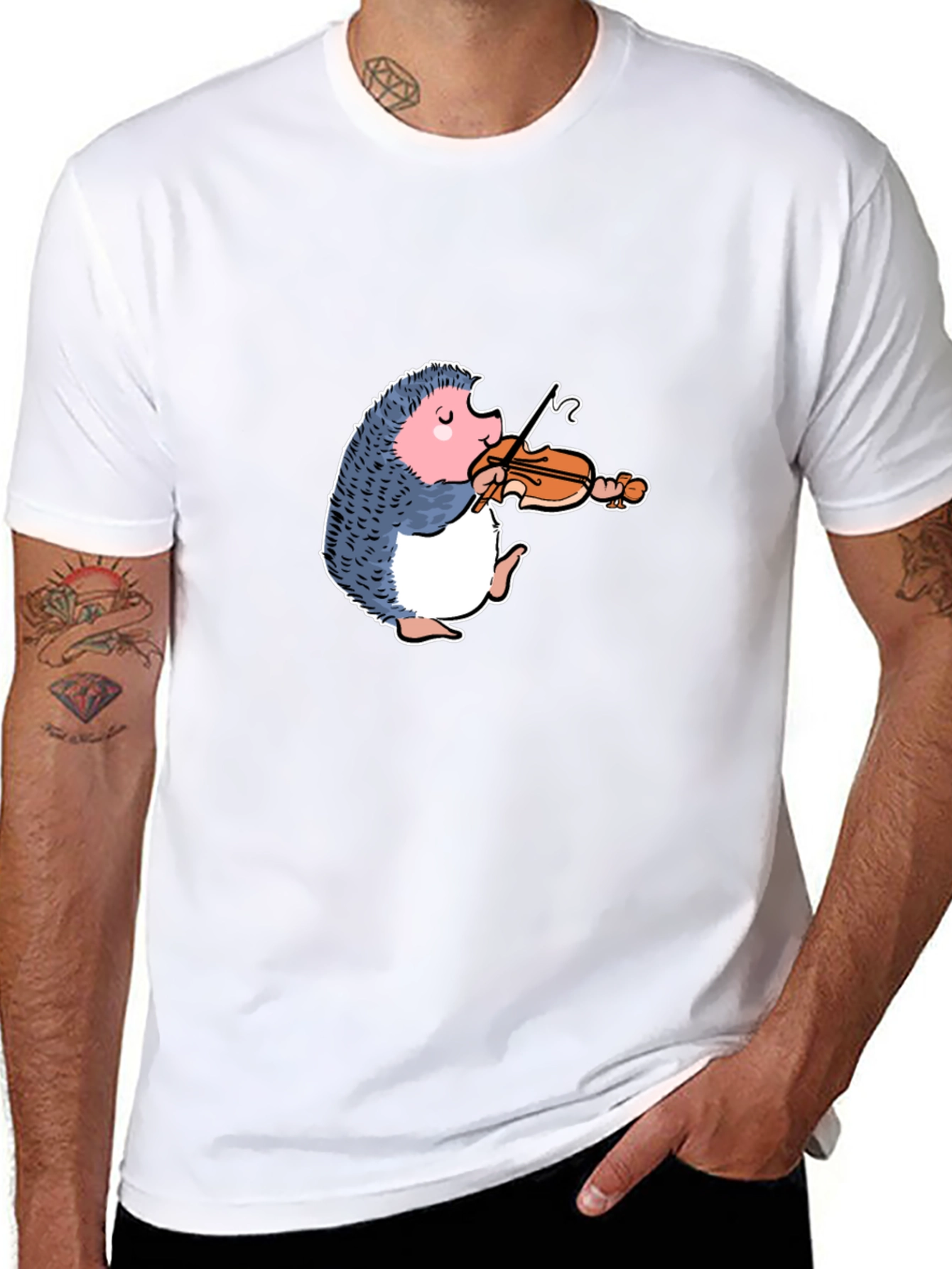Hedgehog Violinist Graphic Tee - Black Cotton T-Shirt